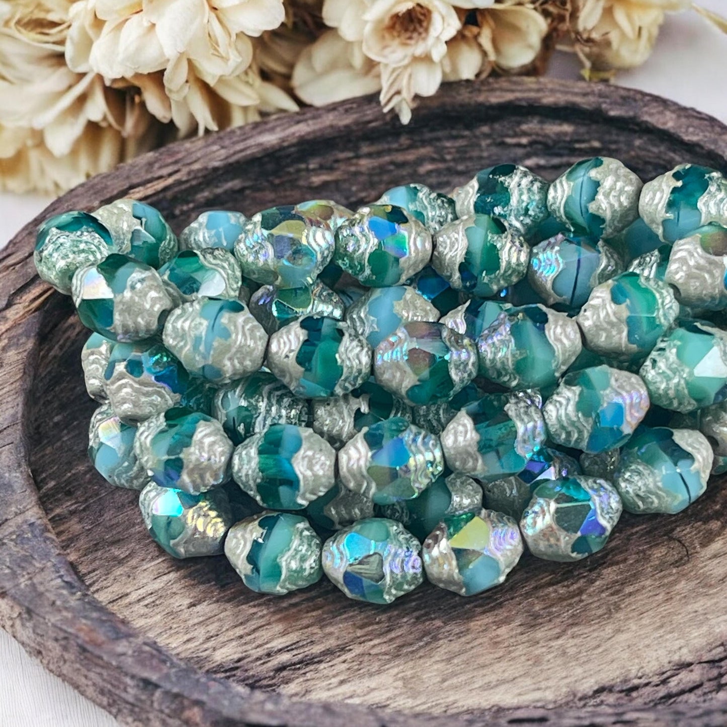 Czech Glass Beads, Cathedral 8x6mm Carved Oval Bicone, (CTD/N-045) * Qty. 15