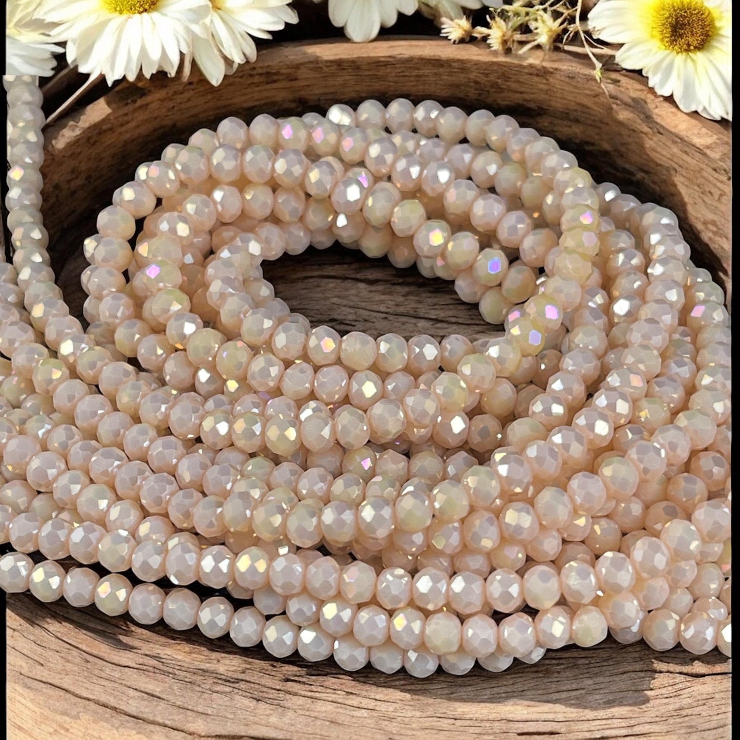 Ivory Beige 4x3mm Faceted Glass Beads, Opaque Beige with AB Finish (BeigeAB-4) * 100 Beads