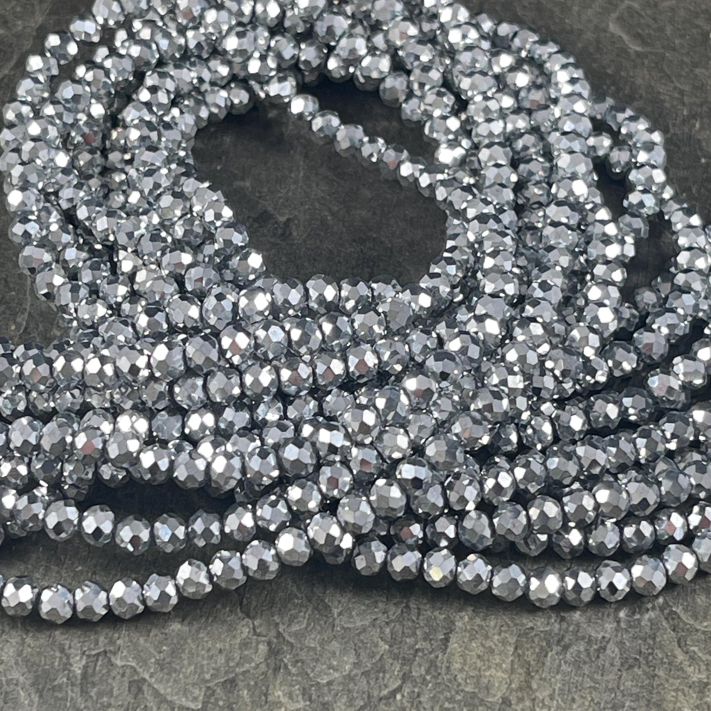 Metallic Silver 4x3mm Faceted Glass Beads, Bright Silver Rondelles (Silver-4) * 100 Beads