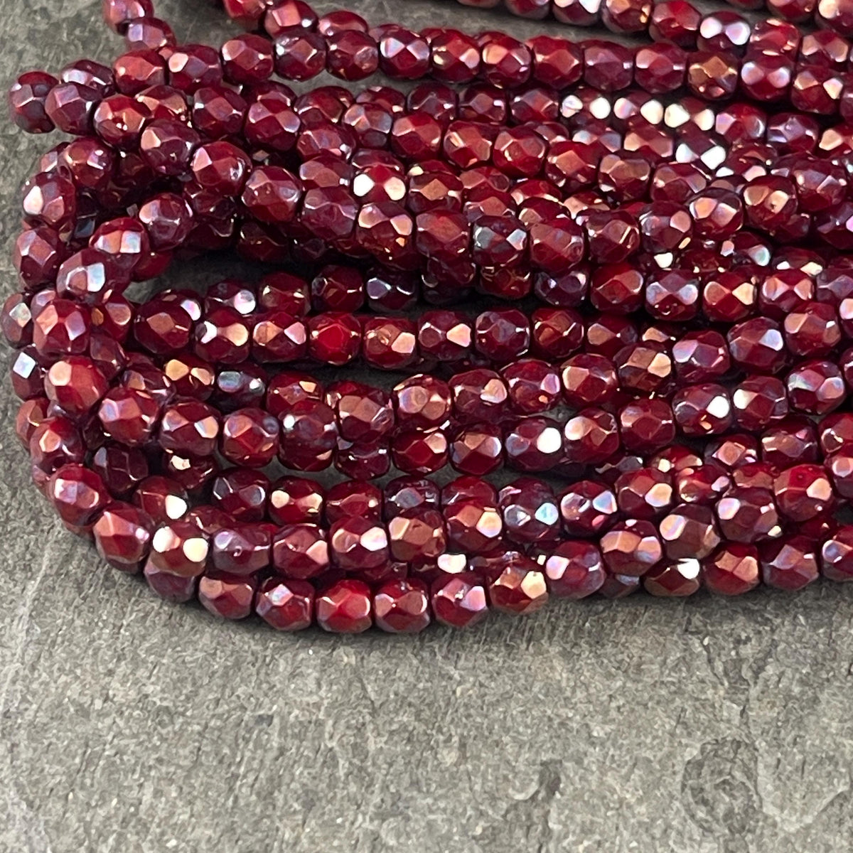Czech Glass Beads - 4mm Faceted Round Chestnut Red, Burnt Umber with Purple Bronze Luster (FP4/N-091) * Qty. 50