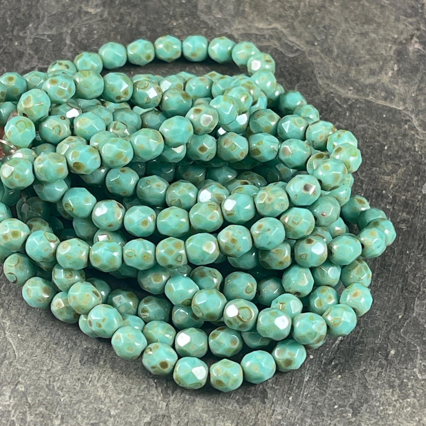 Czech Glass Beads - 6mm Turquoise Picasso Faceted Round Glass Beads (FP6/N-094) * Qty. 25