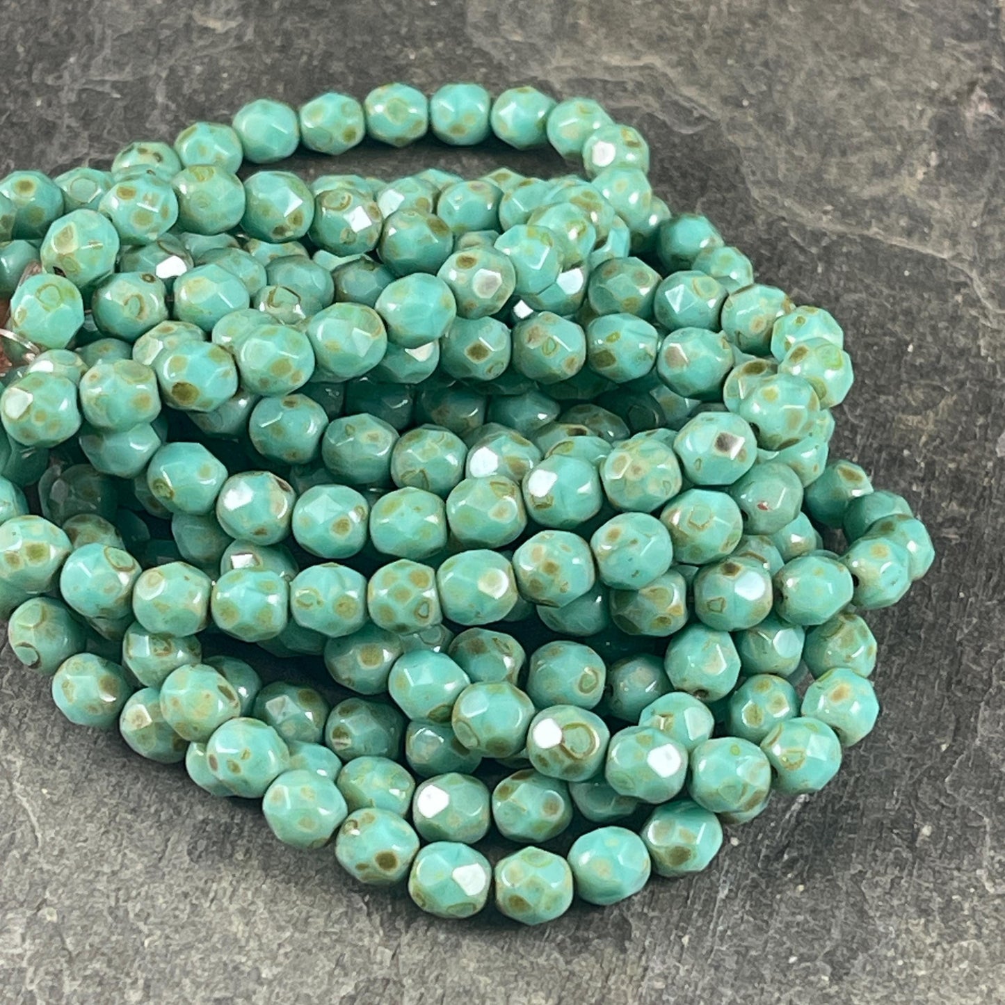 Czech Beads - 6mm Faceted Round, Turquoise Picasso Beads (FP6/N-094) * 25 Beads