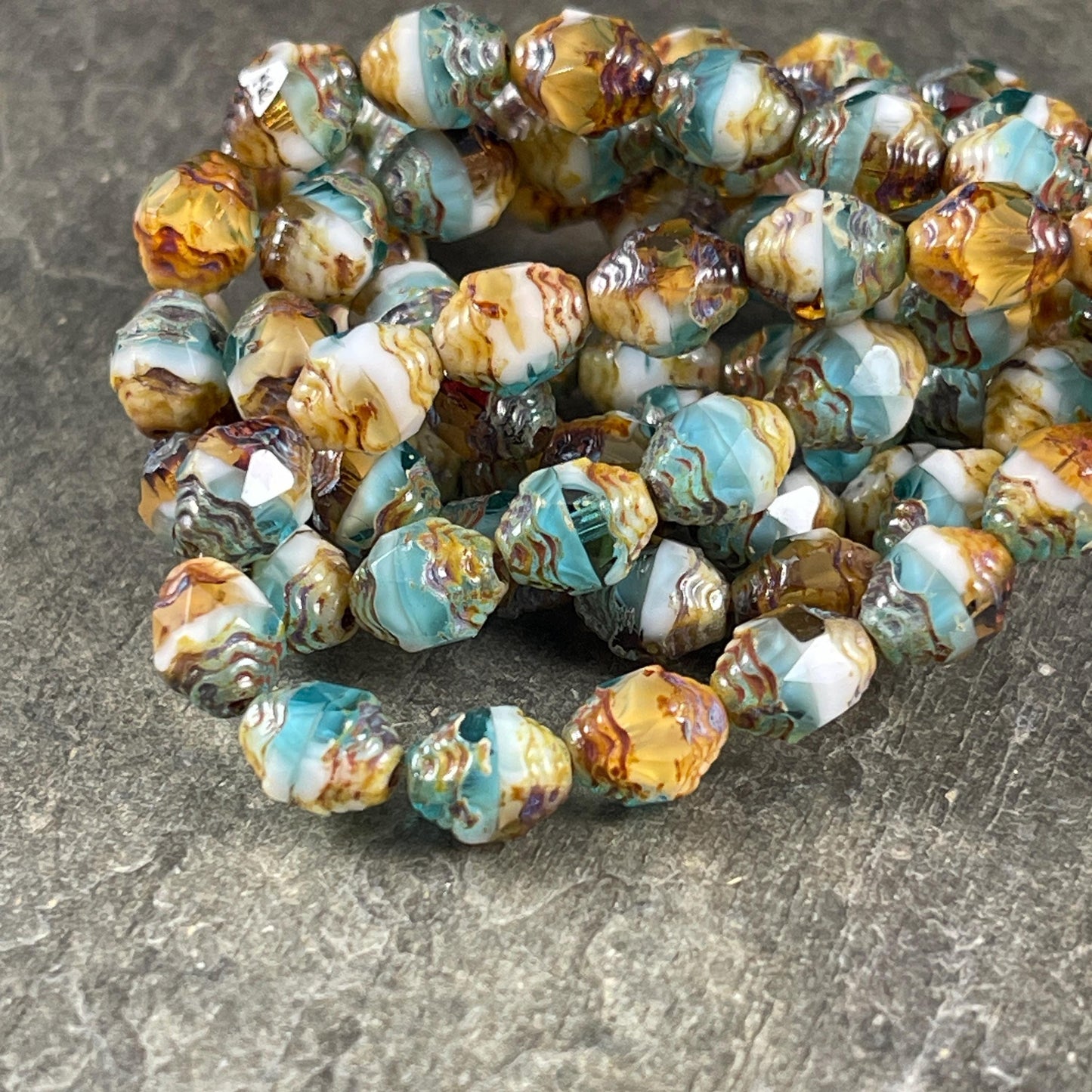 Czech Glass Beads, Sky Blue, Yellow and White Picasso Beads, Cathedral 8x6mm Carved Oval Bicone (CTD/N-041) * Qty. 15