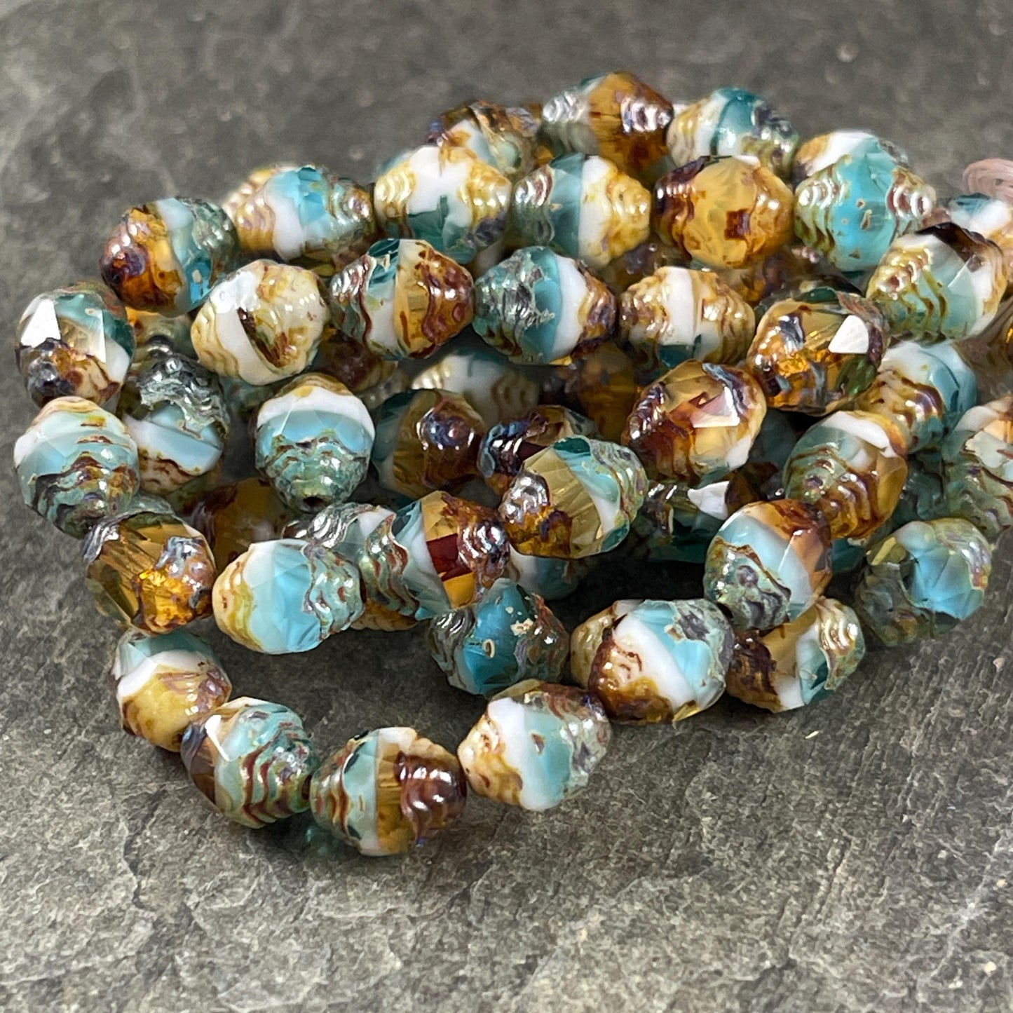 Czech Glass Beads, Sky Blue, Yellow and White Picasso Beads, Cathedral 8x6mm Carved Oval Bicone (CTD/N-041) * Qty. 15