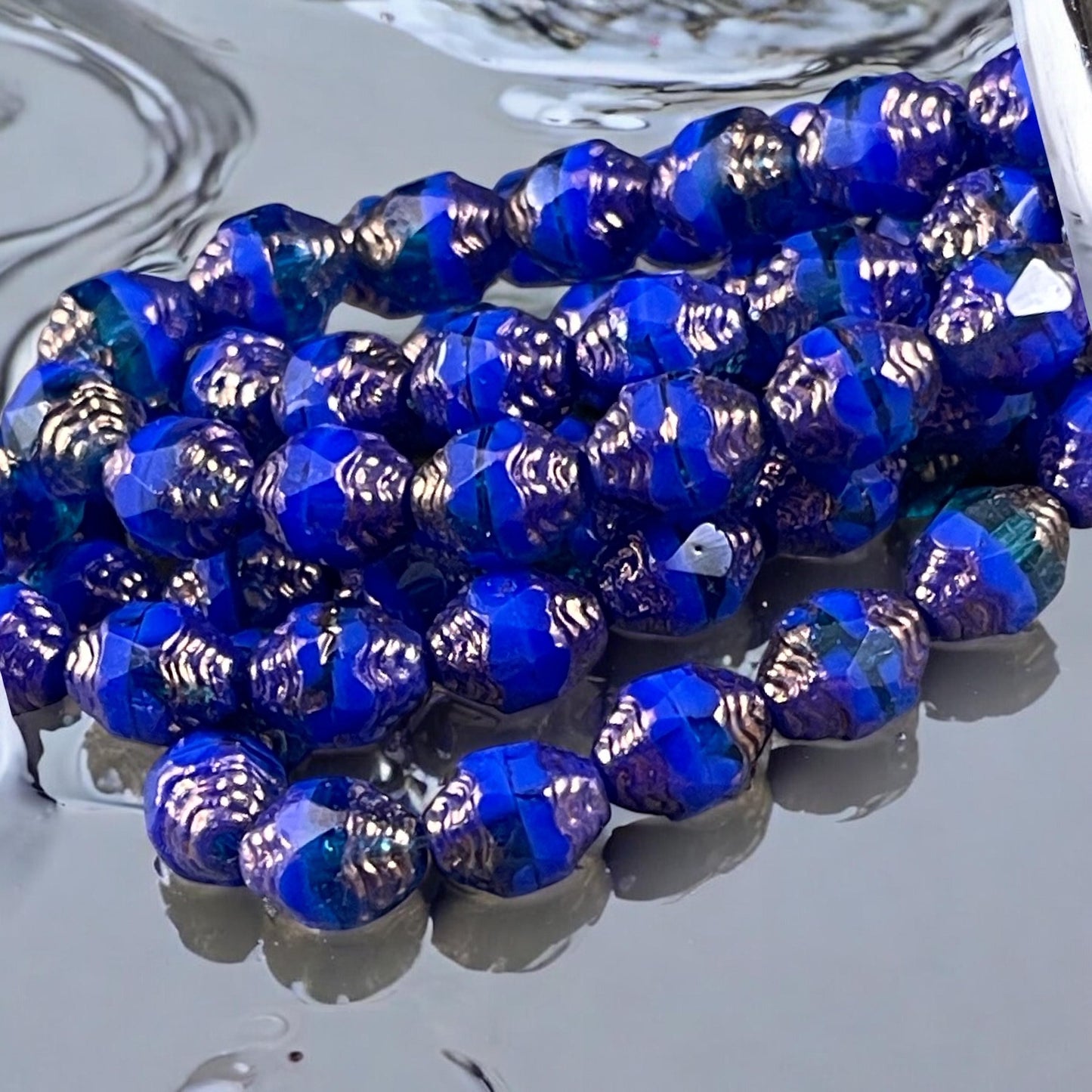 Czech Glass Beads, Royal Blue Cathedral 8x6mm Carved Oval Bicone (CTD/N-051) * Qty. 15