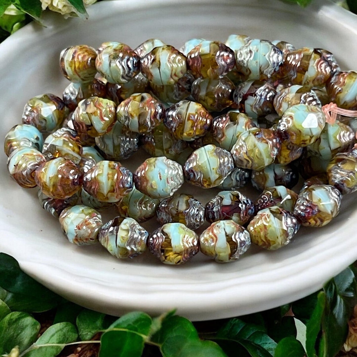 Czech Glass Beads, Sky Blue and Brown Picasso Cathedral 8x6mm Carved Oval Bicone (CTD/N-048) * Qty. 15