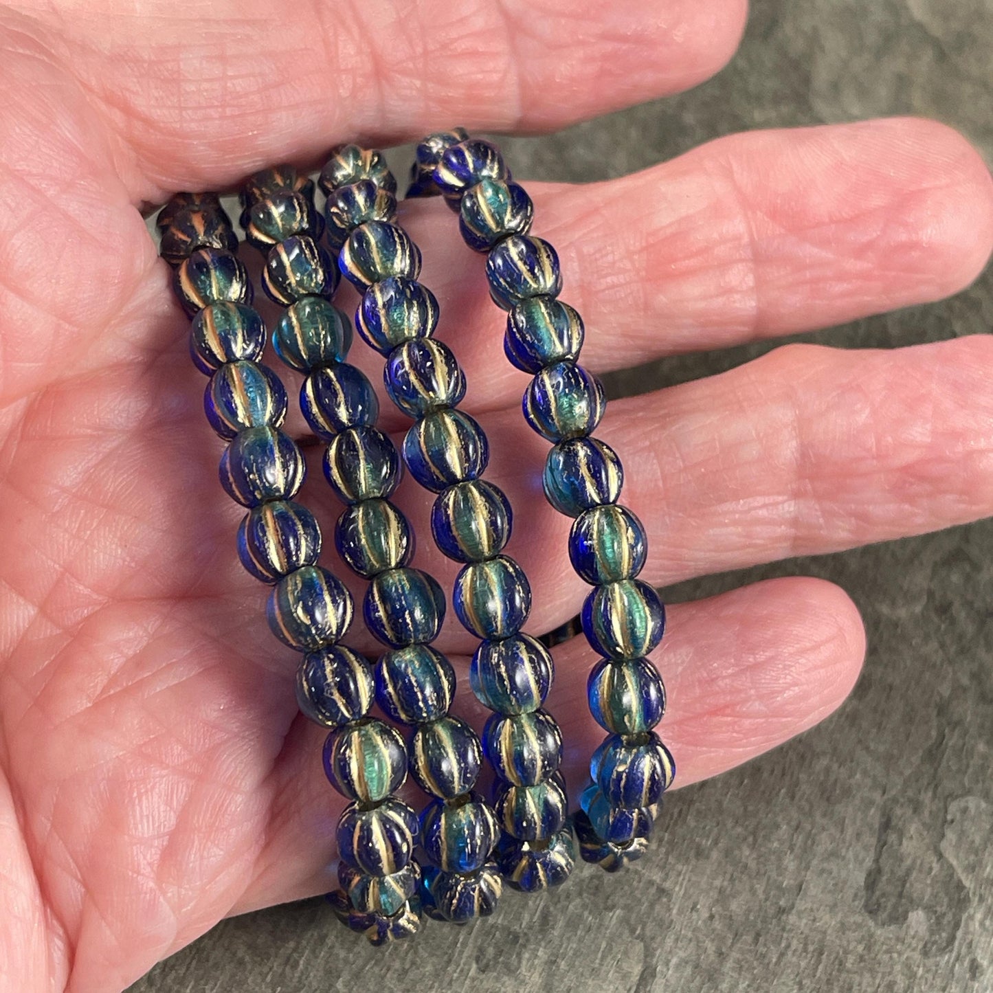 Two Tone Blue and Gold Large Hole Czech Beads, 6mm Round Druk Melon, Czech Glass Beads - Aqua, Sapphire and Gold (BH6/N-064) * Qty 25