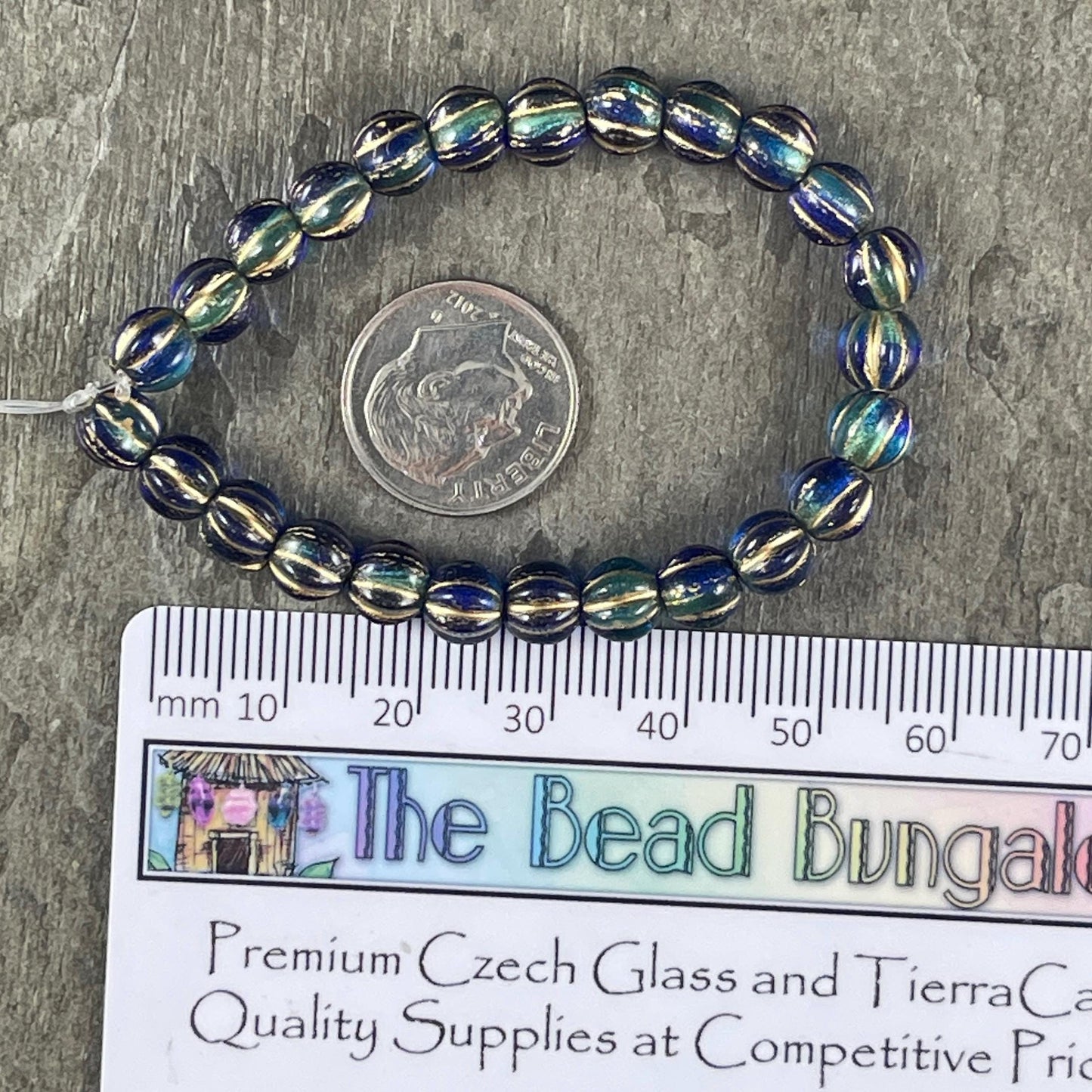 Two Tone Blue and Gold Large Hole Czech Beads, 6mm Round Druk Melon, Czech Glass Beads - Aqua, Sapphire and Gold (BH6/N-064) * Qty 25