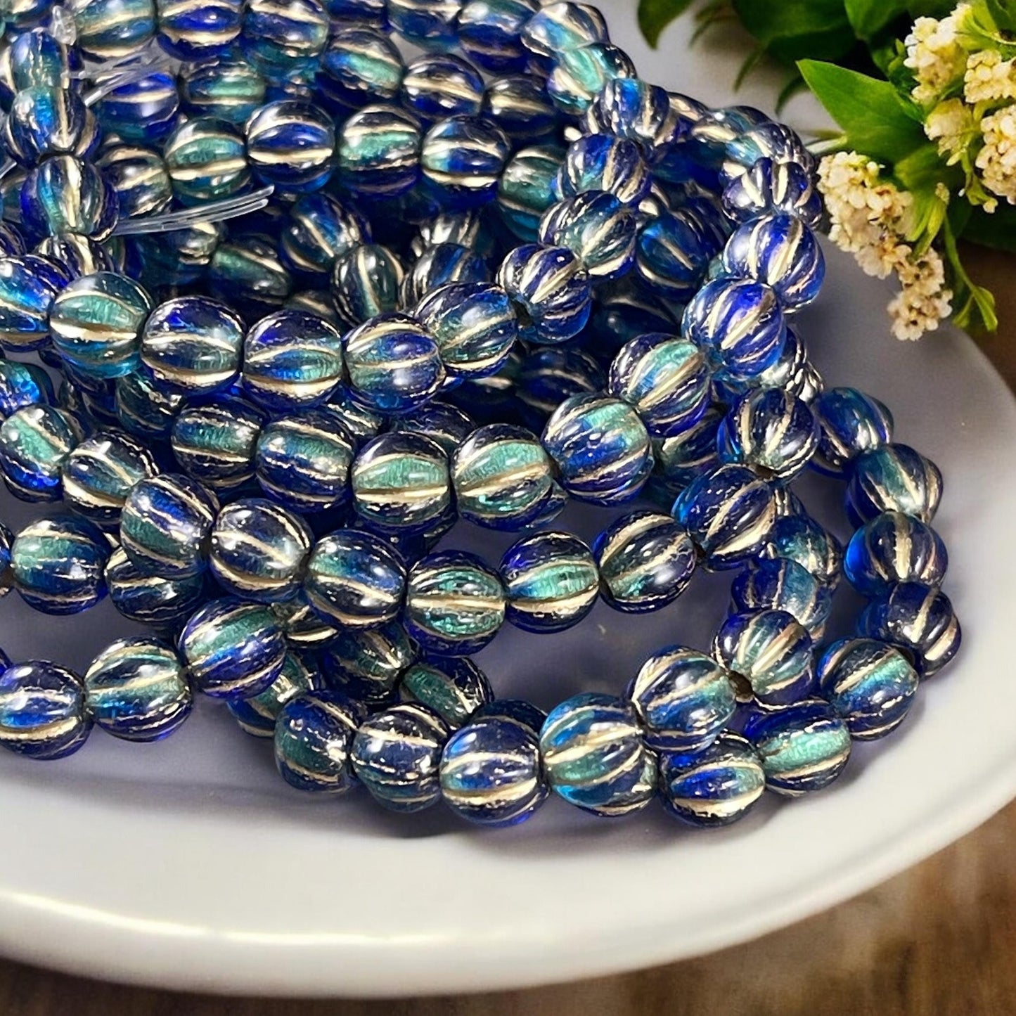Two Tone Blue and Gold Large Hole Czech Beads, 6mm Round Druk Melon, Czech Glass Beads - Aqua, Sapphire and Gold (BH6/N-064) * Qty 25