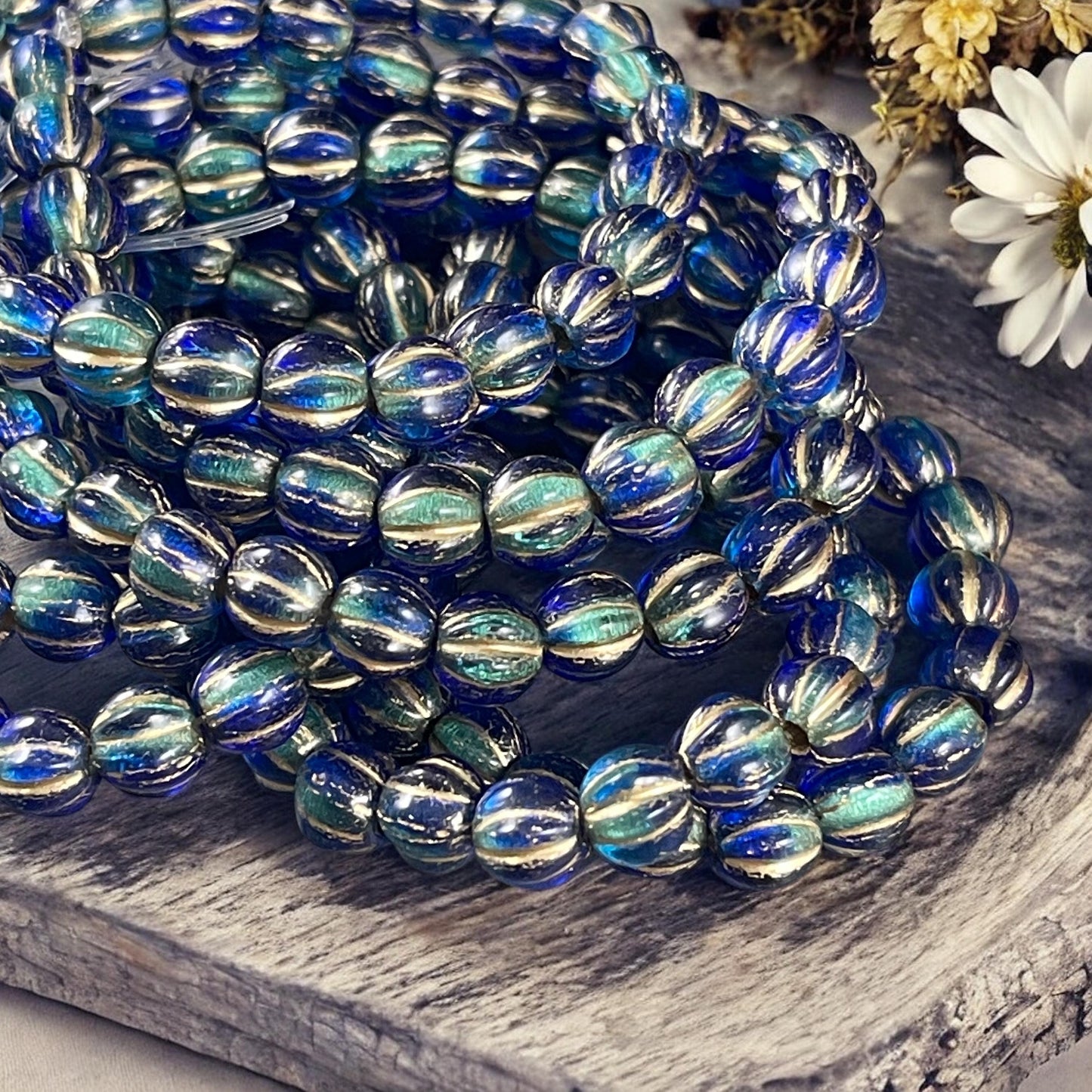 Two Tone Blue and Gold Large Hole Czech Beads, 6mm Round Druk Melon, Czech Glass Beads - Aqua, Sapphire and Gold (BH6/N-064) * Qty 25