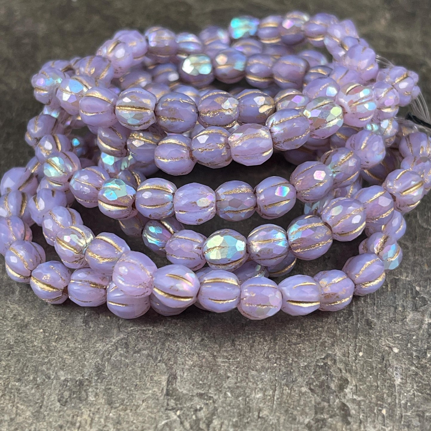 Czech Glass Beads - 6mm Pastel Purple Faceted Melon Shape Beads, Thistle with AB and Gold Wash (FM6/N-0247) * 25 beads