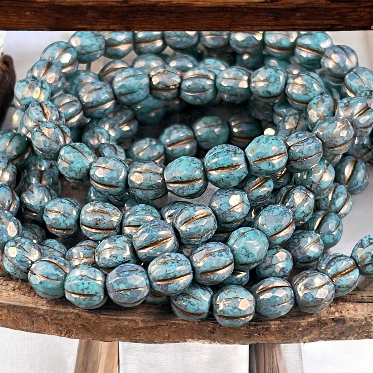 Czech Glass Beads - 6mm Teal Picasso Faceted Melon Shape Beads, Teal with Bronze and Gold Wash (FM6/N-2102) * 25 beads