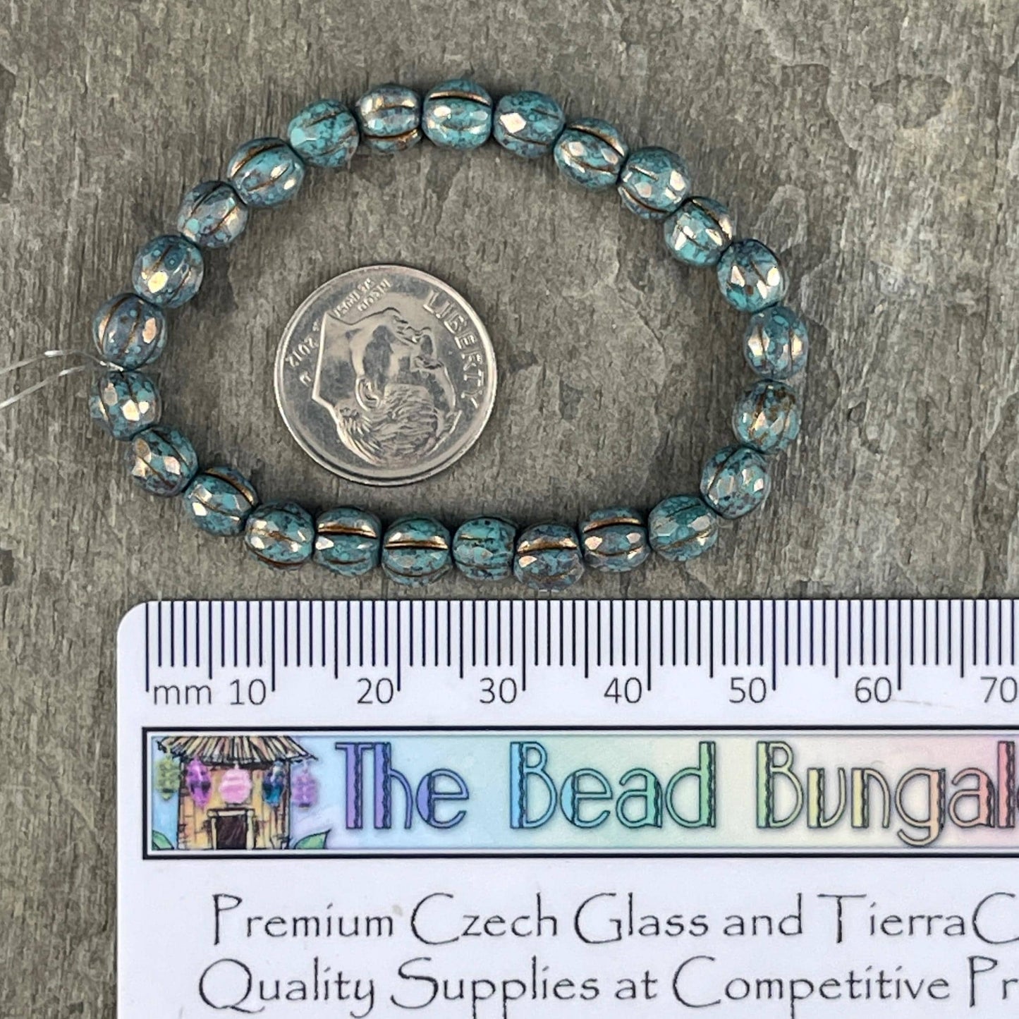 Czech Glass Beads - 6mm Teal Picasso Faceted Melon Shape Beads, Teal with Bronze and Gold Wash (FM6/N-2102) * 25 beads