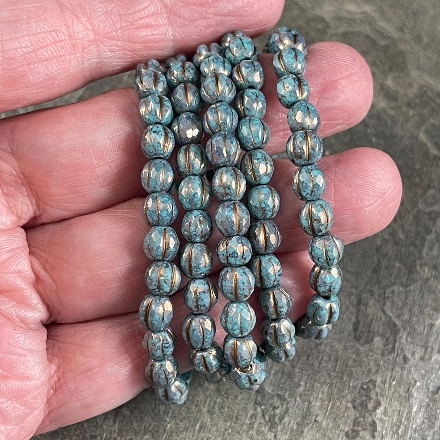 Czech Glass Beads - 6mm Teal Picasso Faceted Melon Shape Beads, Teal with Bronze and Gold Wash (FM6/N-2102) * 25 beads