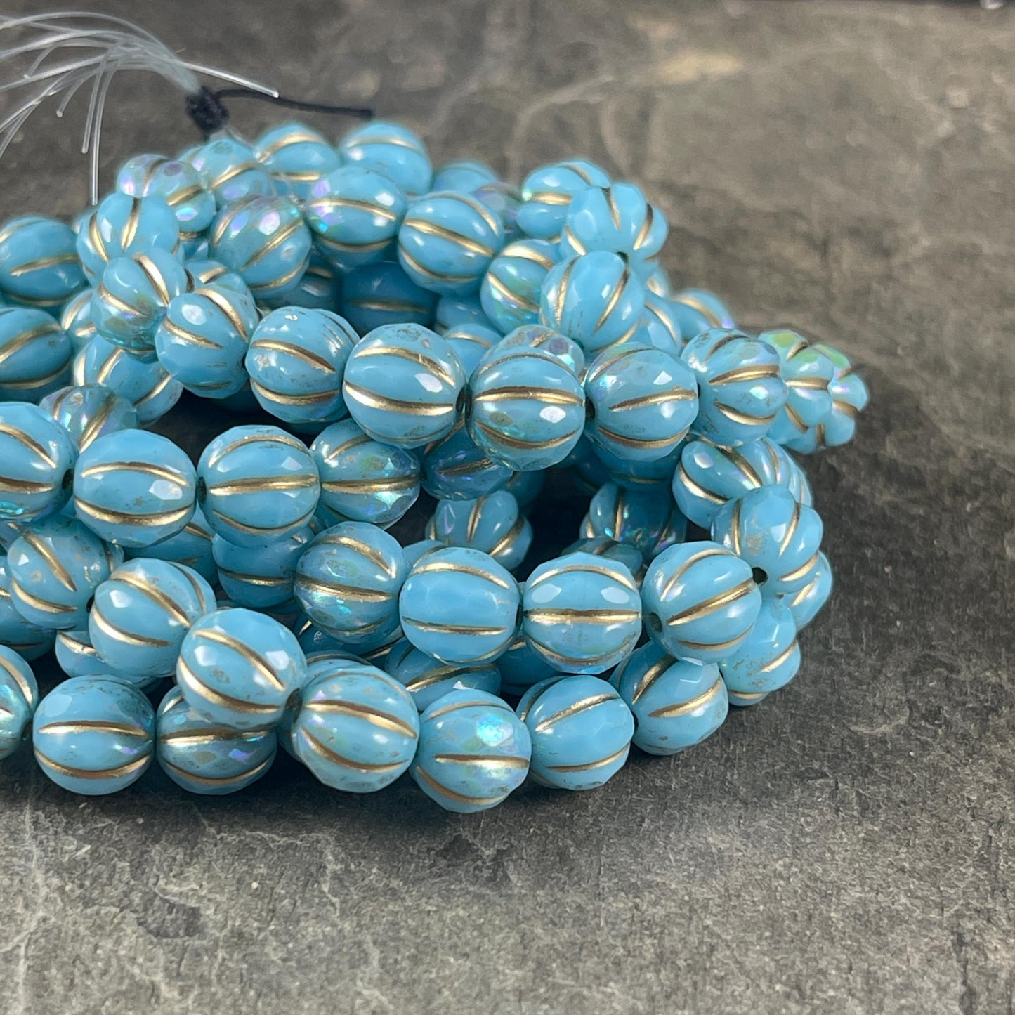 Czech Glass Beads - Light Blue and Gold with AB Finish, 8mm Faceted Melon Shape Beads (8FM/N-1785) * Qty. 10