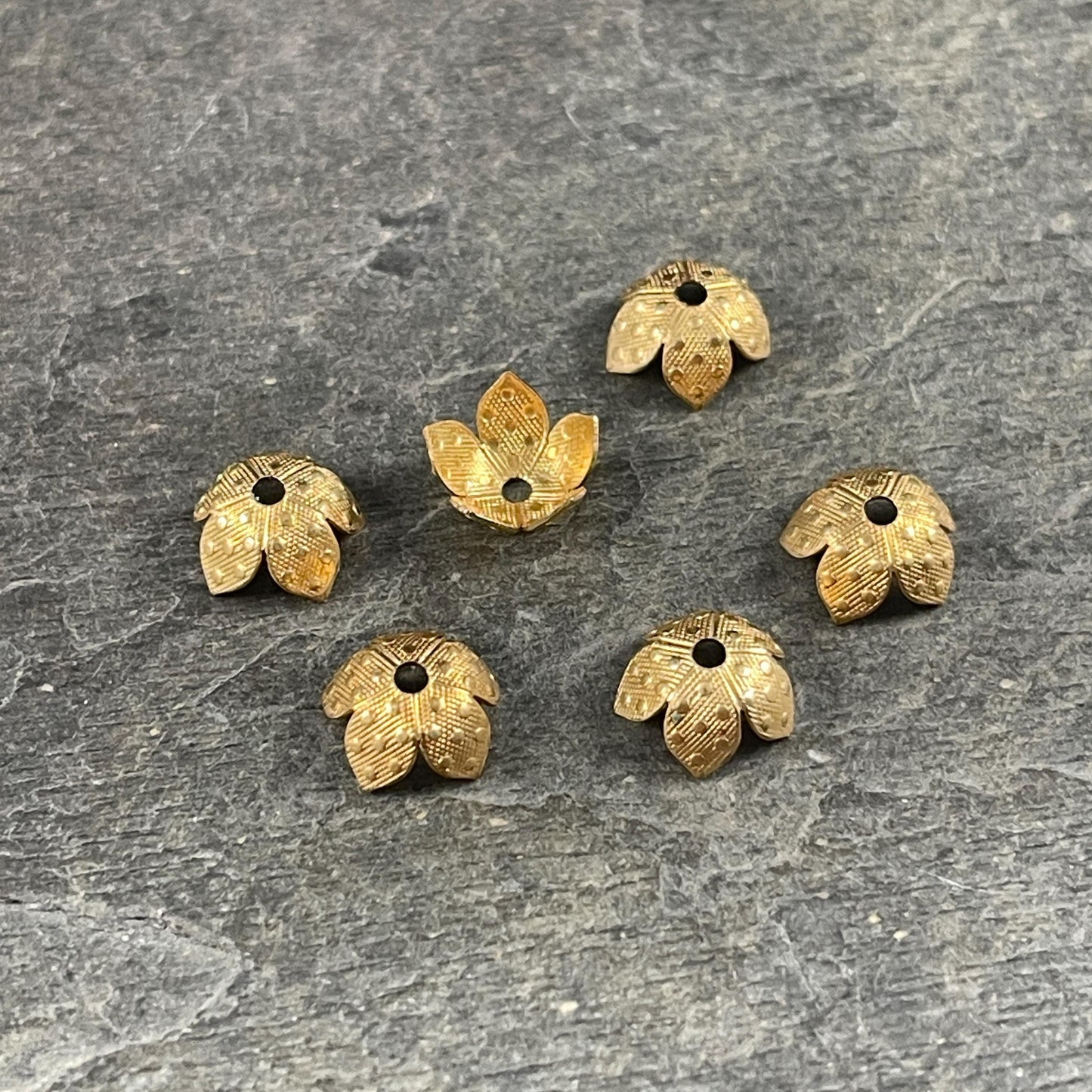 8mm Gold Petal Bead Caps with Dots - Raw Brass Bright Gold Floral Theme Petal Bead Caps (VJS-R425R) * Qty. 8