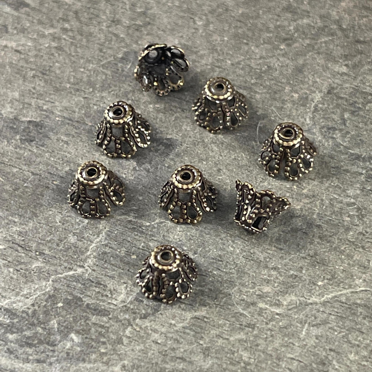 Filigree Bell Shape Bead Caps - 7x5mm Antiqued Brass Flaired Bead Caps (VJS-E96) * Qty. 12