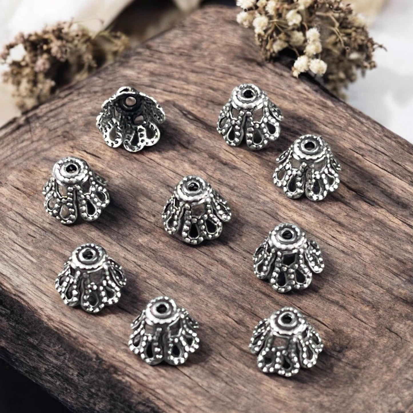Filigree Bell Shape Bead Caps - 7x5mm Antiqued Silver Flaired Bead Caps (VJS-D92) * Qty. 12
