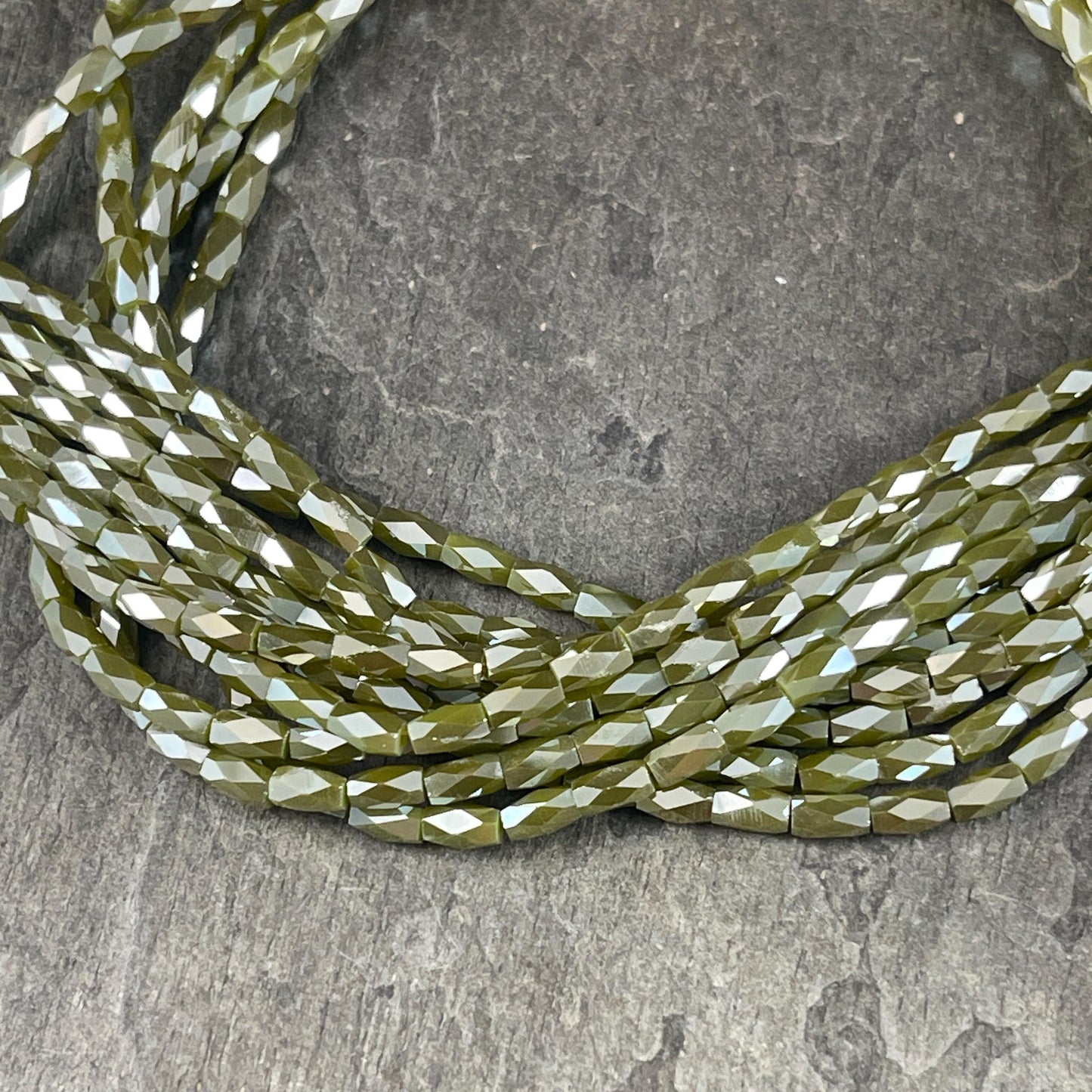 5x3mm Faceted Tube Beads, Olive Green with AB Finish, Skinny Faceted Beads (FGT-OliveGreen) * 19" Strand