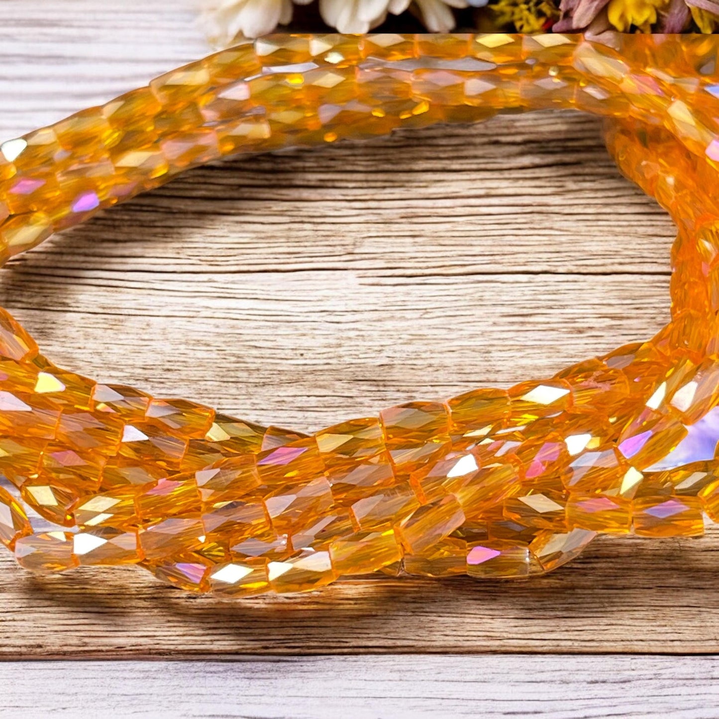 5mm Faceted Tube Beads, Transparent Bright Orange with AB Finish, Faceted Glass Beads (FGT-ORAB) * 18" Strand