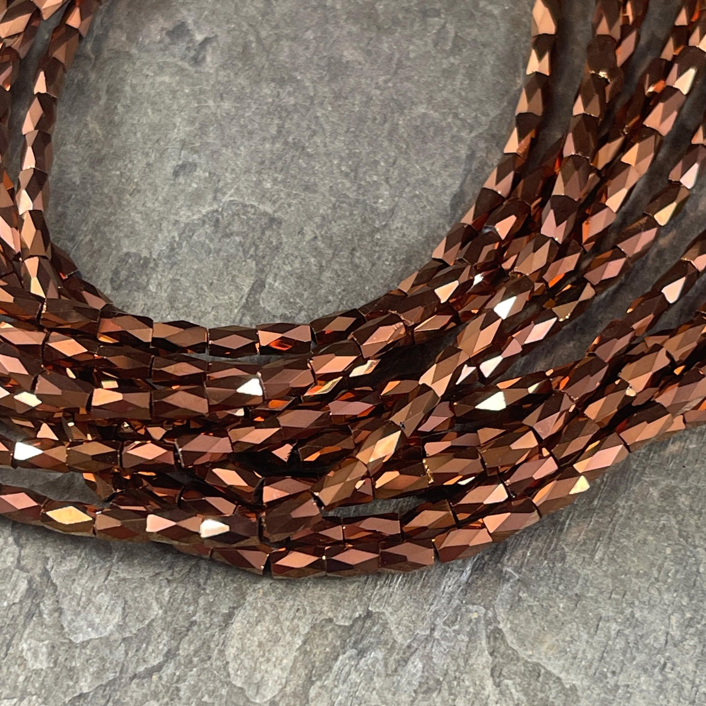 Skinny Faceted Tube Beads, 5x3mm Bronze Metallic Beads, Aged Copper Faceted Glass Beads (FGT-Bronze) * 18" Strand