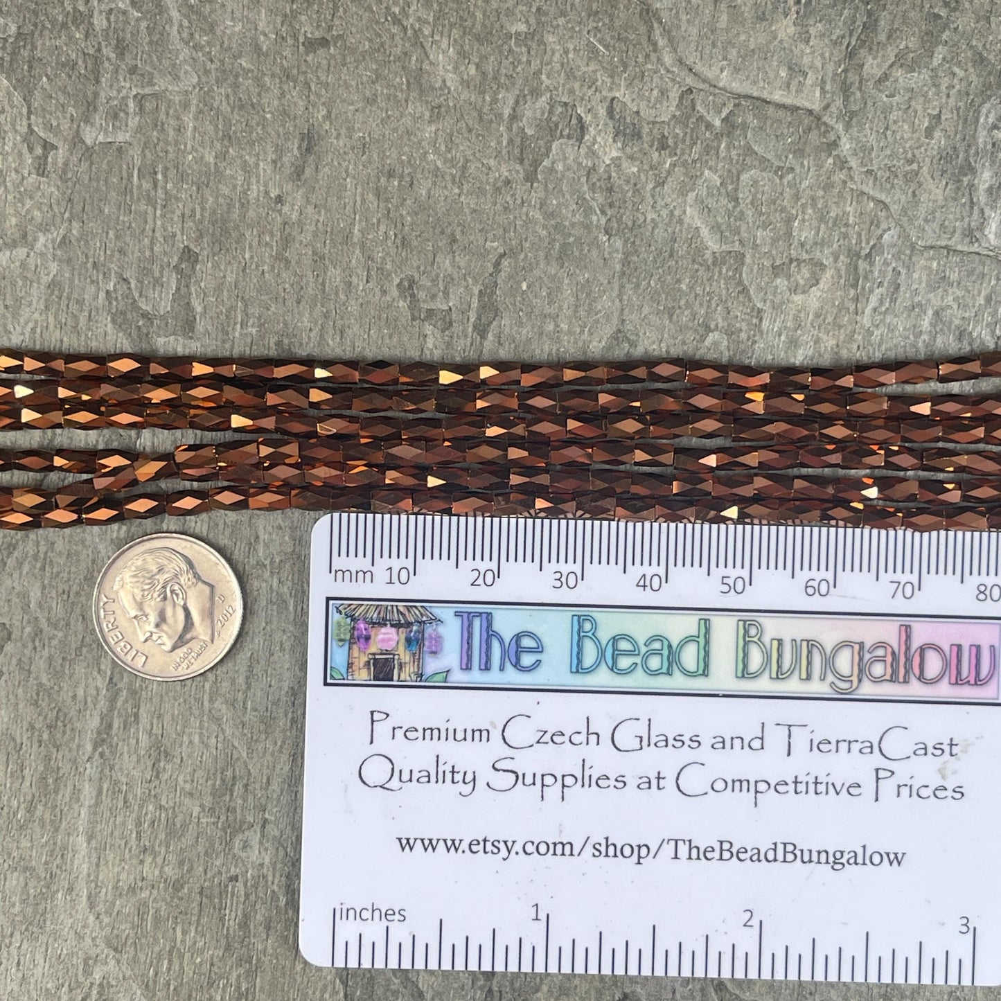 Skinny Faceted Tube Beads, 5x3mm Bronze Metallic Beads, Aged Copper Faceted Glass Beads (FGT-Bronze) * 18" Strand