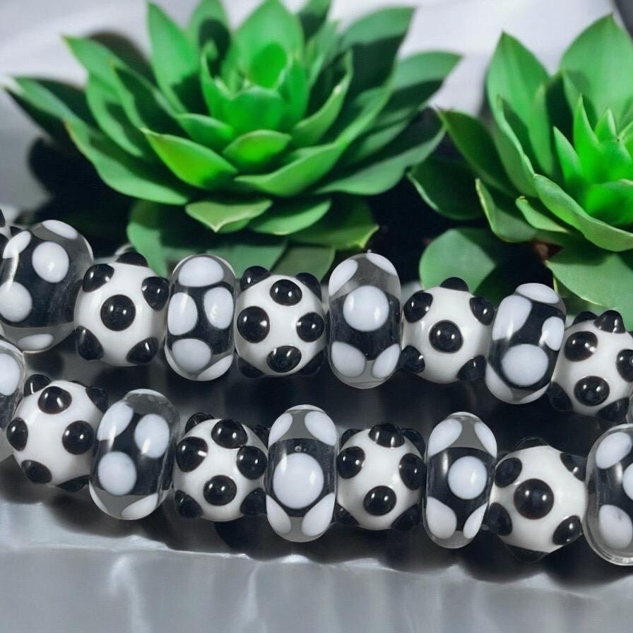 Black and White Polkadot Lampwork Beads, Round and Rondelle Bead Mix (LB229/527) *