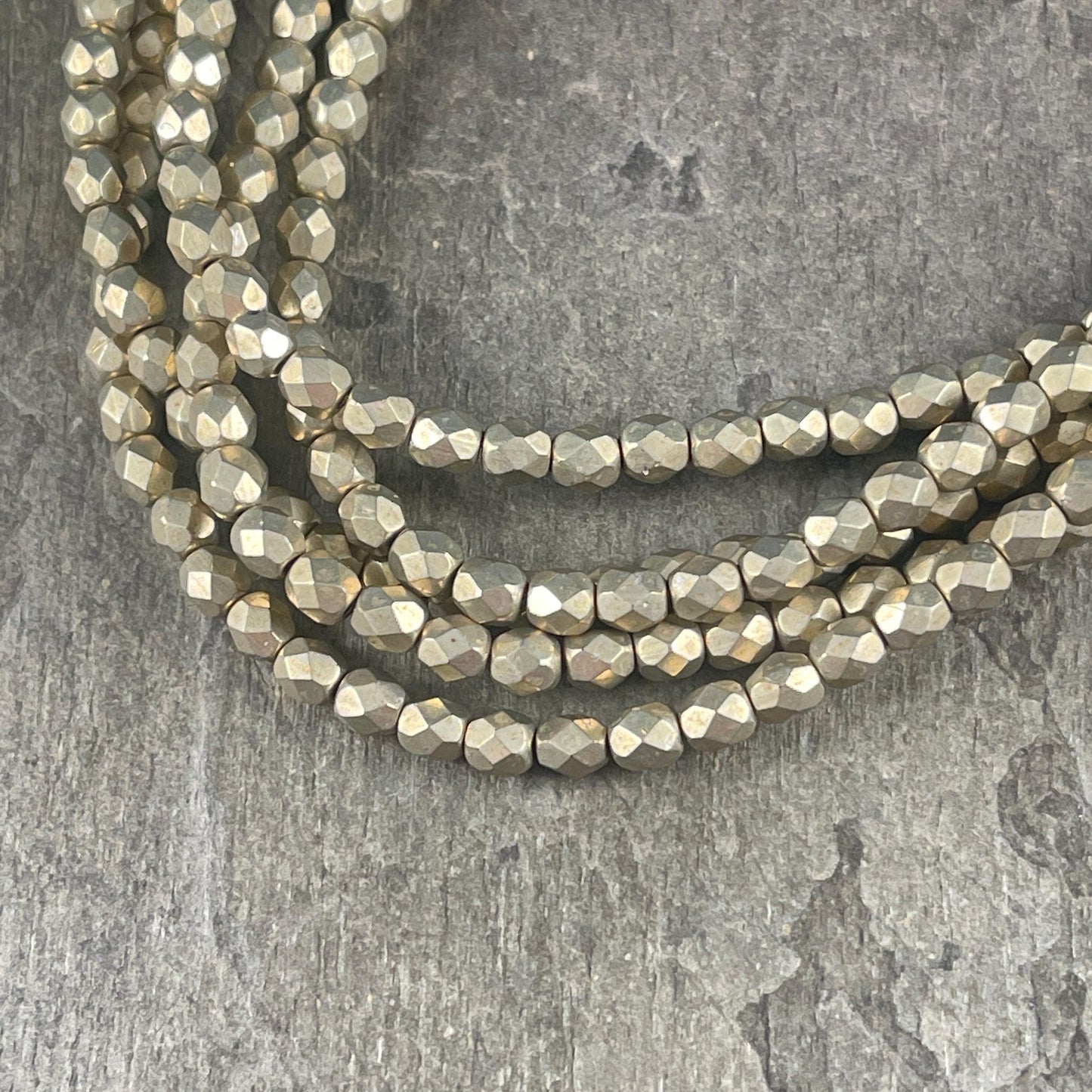 Czech Glass Beads - 4mm Faceted Round Beads, Taupe, Gray-Gold Metallic (FP4/SM-08A05) * Qty. 50