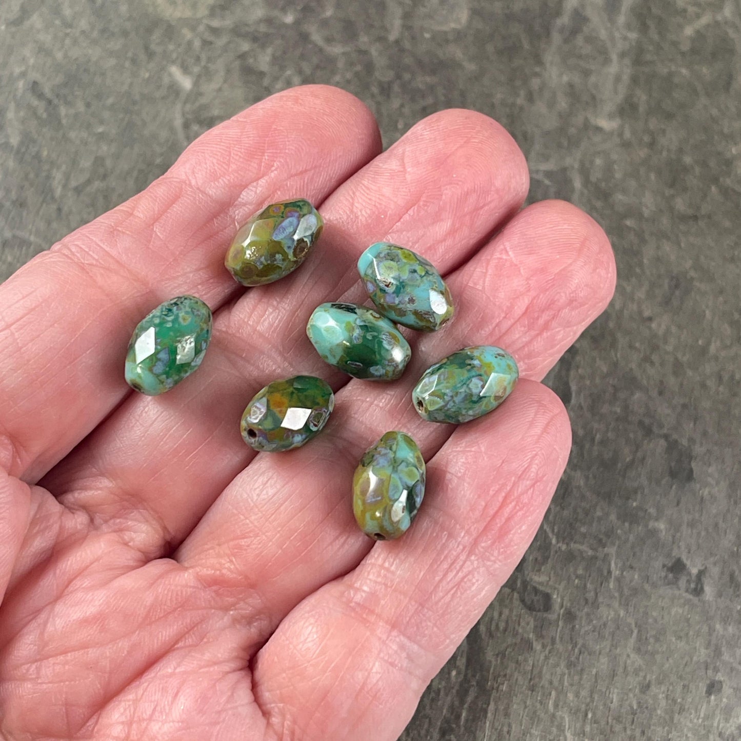 Czech Glass Beads, Turquoise Picasso Beads, 12x8mm Faceted Oval Beads, Blended Two-Tone Blue with Heavy Picasso (FOV/N-0252) * Qty. 8