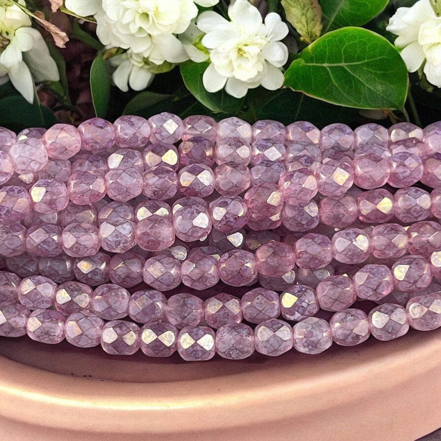 Czech Glass Beads - 6mm Faceted Round Beads, Stone Pink, Pale Marbled Pink (FP6/SM-64495) * Qty. 25