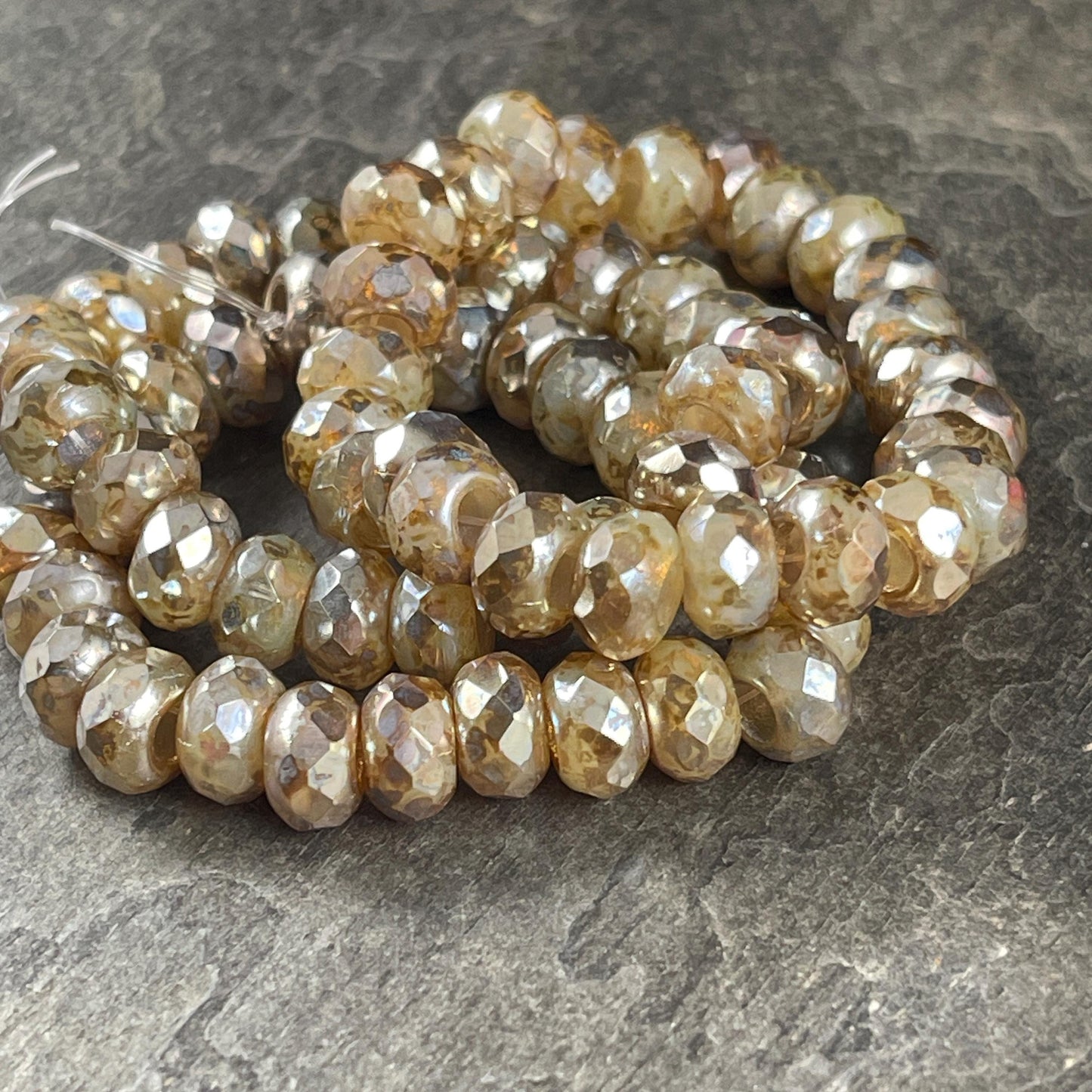 Czech Glass Beads - Large Hole Rondelles, 9x6mm Roller Beads with 3.5mm hole, Champagne Beige with AB (ROL/N-0761) * Qty. 12