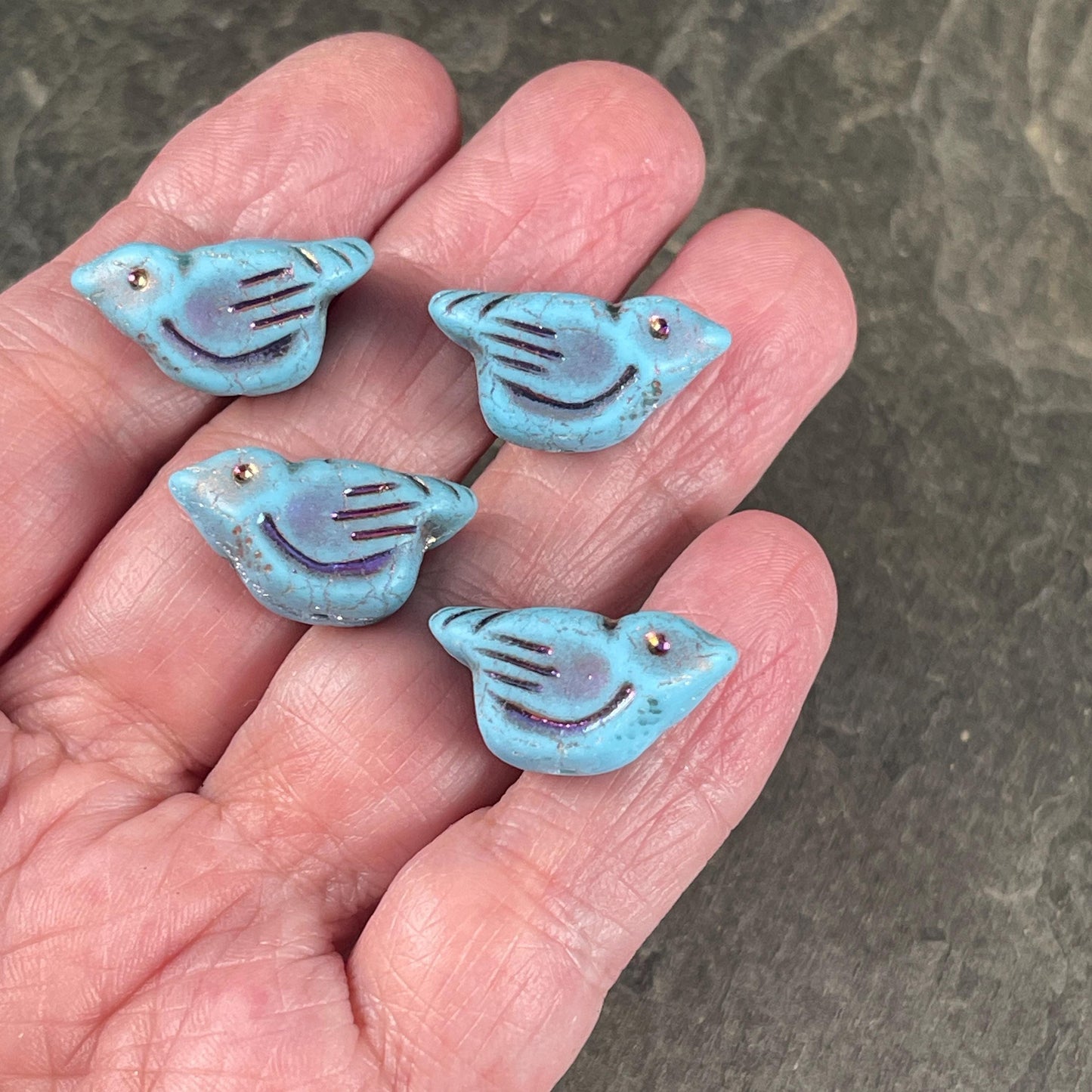 Czech Glass Beads ~ Opaque Matte Sky Blue with Volcano Wash ~ Nature Theme Bird Focal Beads ~ 11x22mm Chunky Glass Bird (N-1620) * Qty. 2