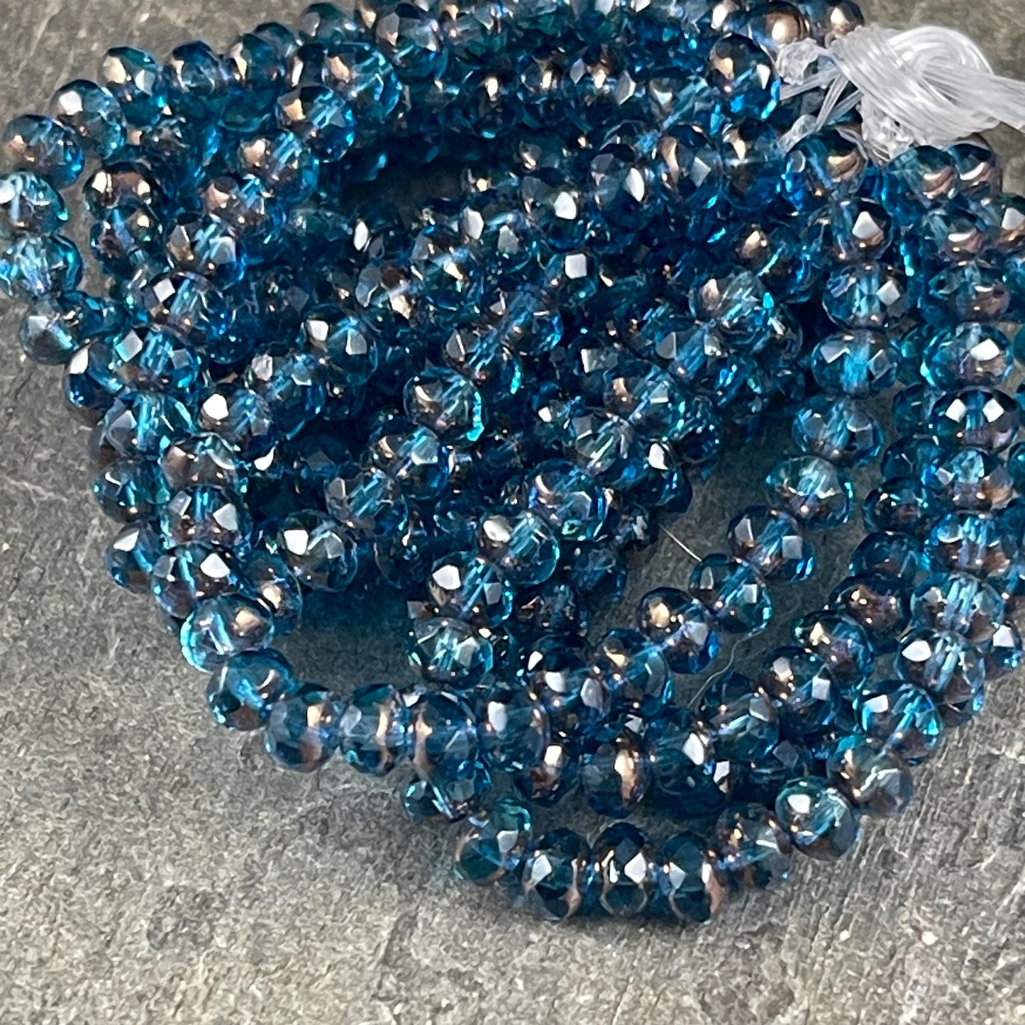 Czech Beads - 5x3mm Faceted Rondelles, Transparent Capri Blue with Bronze Picasso (R5/N-0397) * 30 Beads