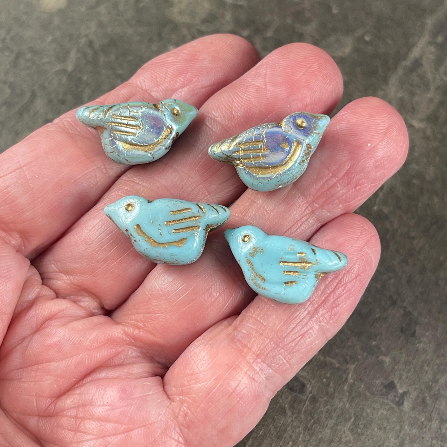 Czech Glass Beads - 11x22mm Chunky Bird Beads - Light Blue Bird with Gold Wash and AB Finish, Nature Theme, Bird Focal (N-1307) * Qty. 4