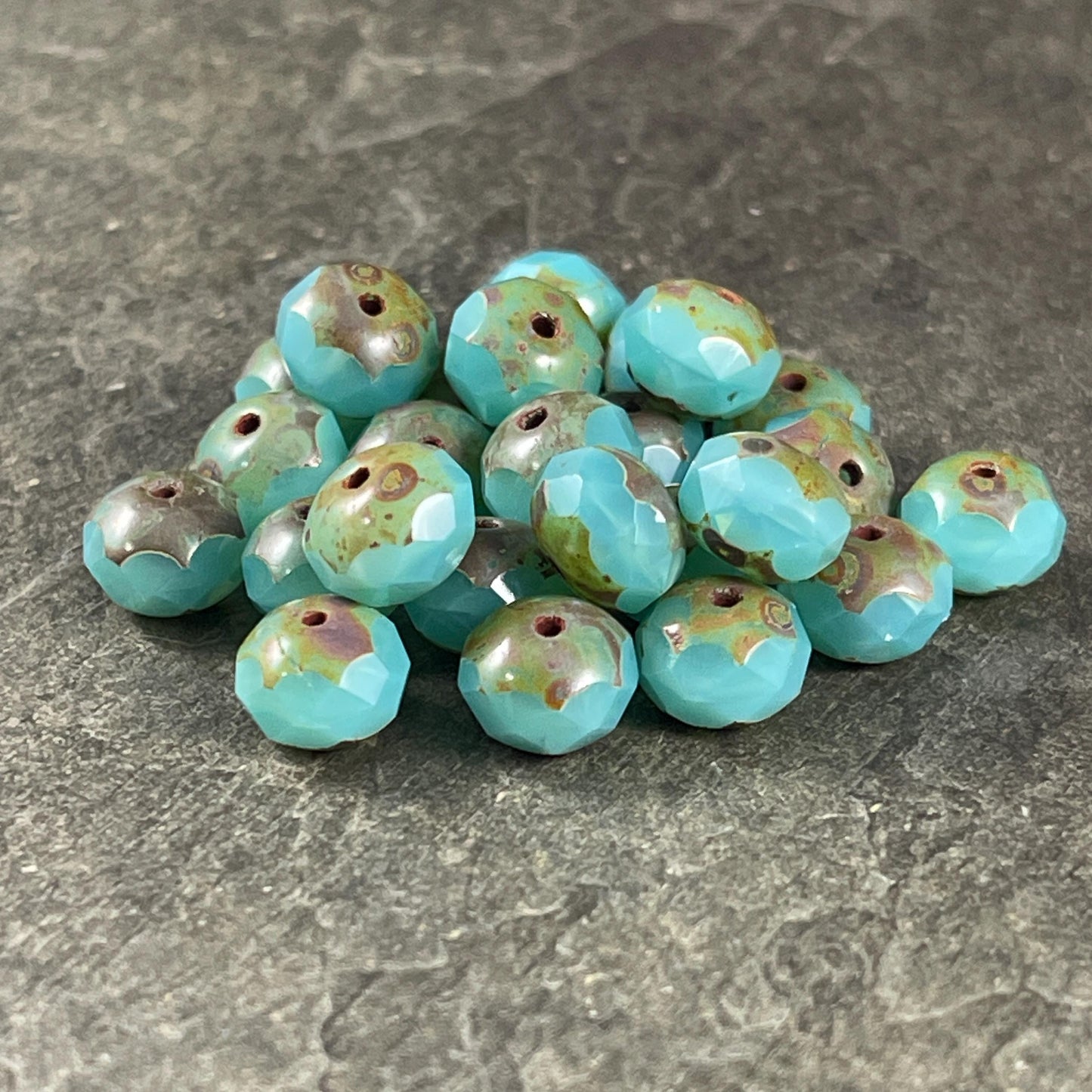 Czech Glass Beads - 8x6mm Faceted Rondelles, Seafoam Green Silk Picasso Beads (R8/N-0699) * Qty. 25