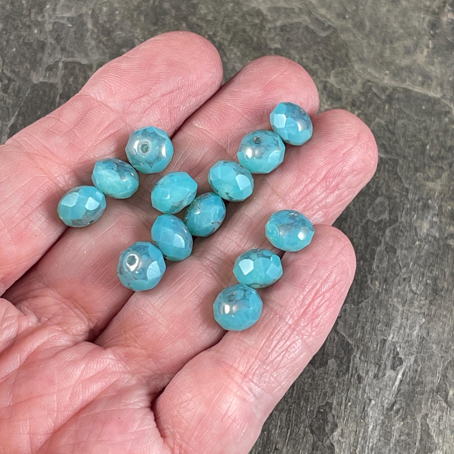 Czech Glass Beads - 8x6mm Faceted Rondelles, Blue-Green Opaline Picasso Beads (R8/N-2022) * Qty. 25