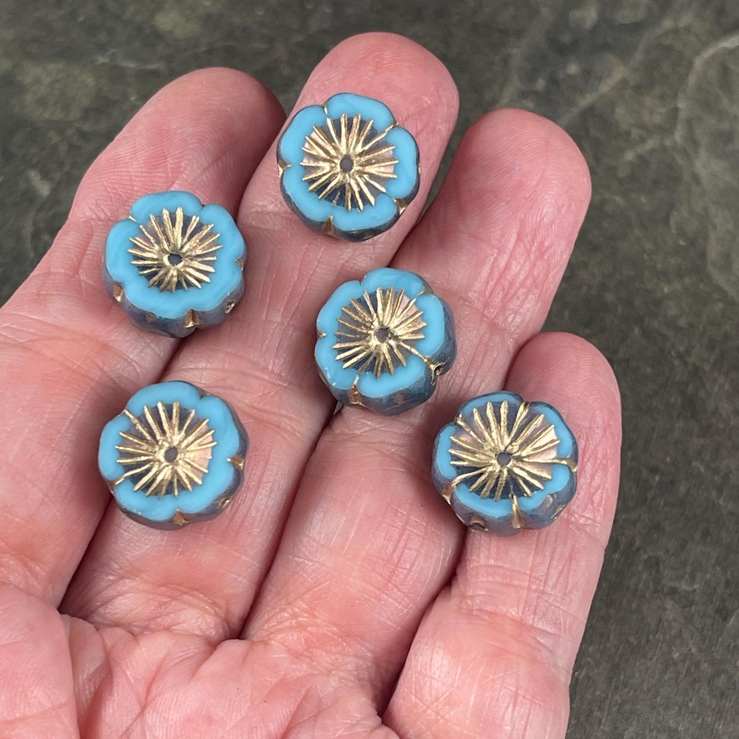 Czech Glass Beads - 14mm Table Cut Hibiscus Flower, Sky Blue with Steel Blue Picasso and Gold Wash (FLH/N-1461) * Qty. 6