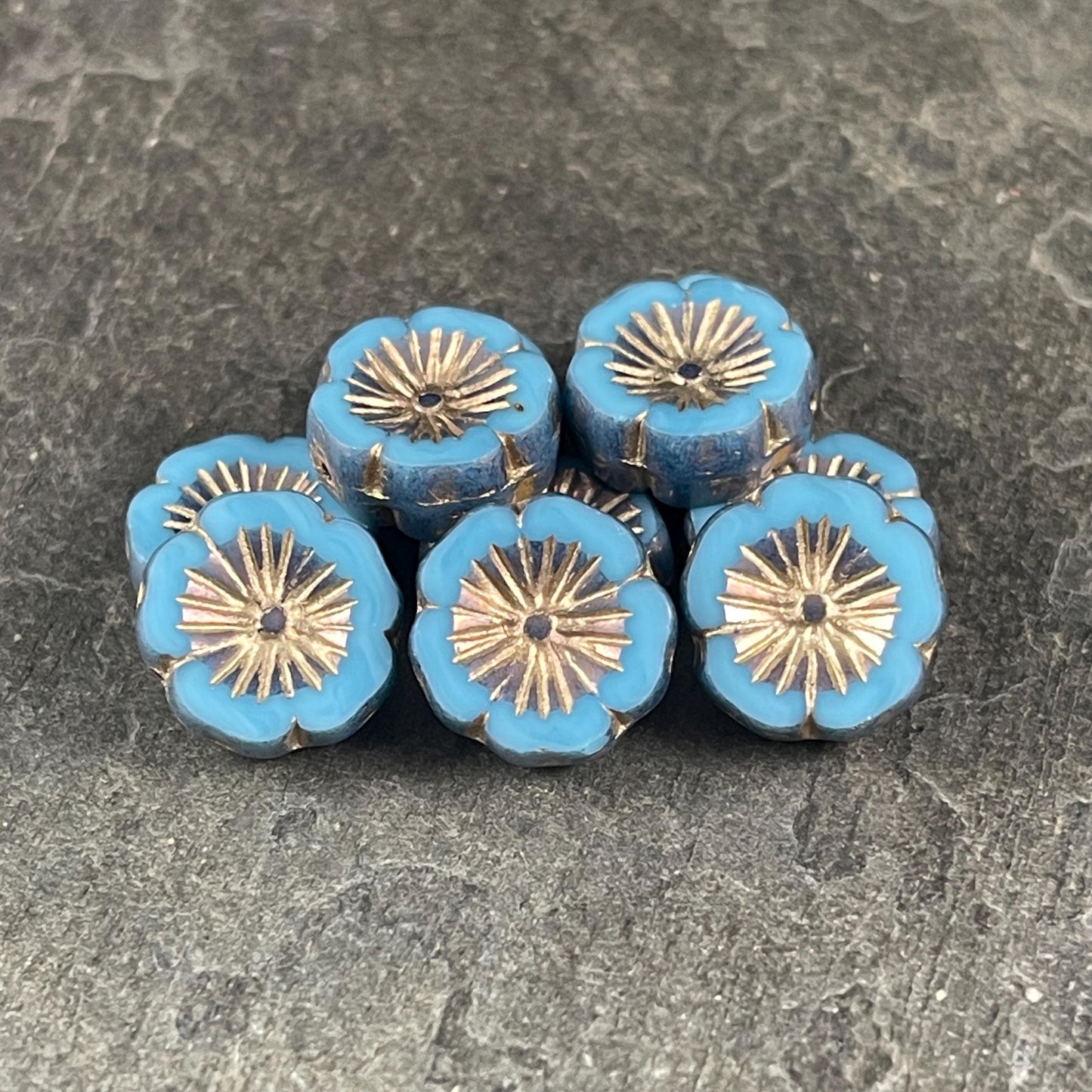 Czech Glass Beads - 14mm Table Cut Hibiscus Flower, Sky Blue with Steel Blue Picasso and Gold Wash (FLH/N-1461) * Qty. 6