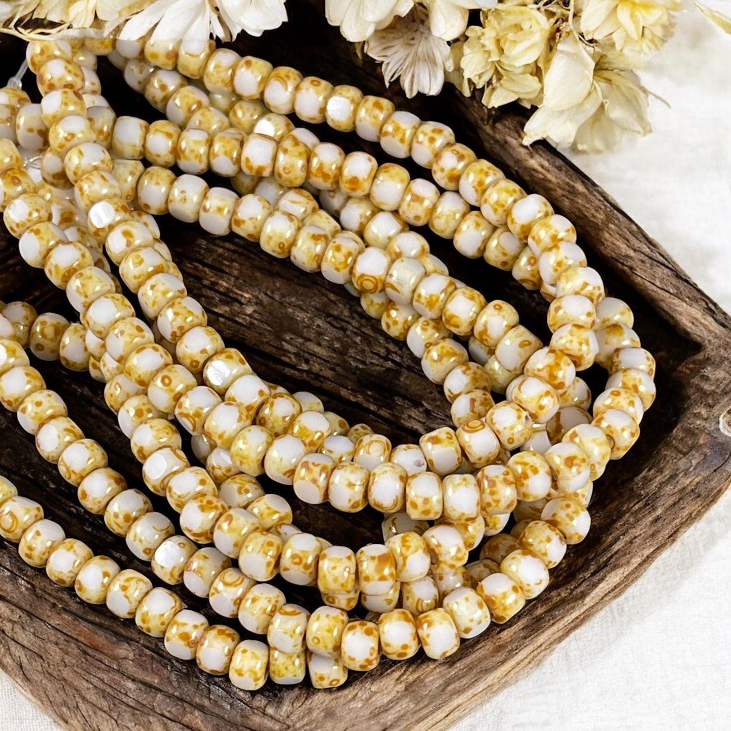 Czech Glass Beads - 4x3mm Tri-cut 6/0 Seed Bead, Ivory with Picasso (TRICA/N-1200) * Qty. 50
