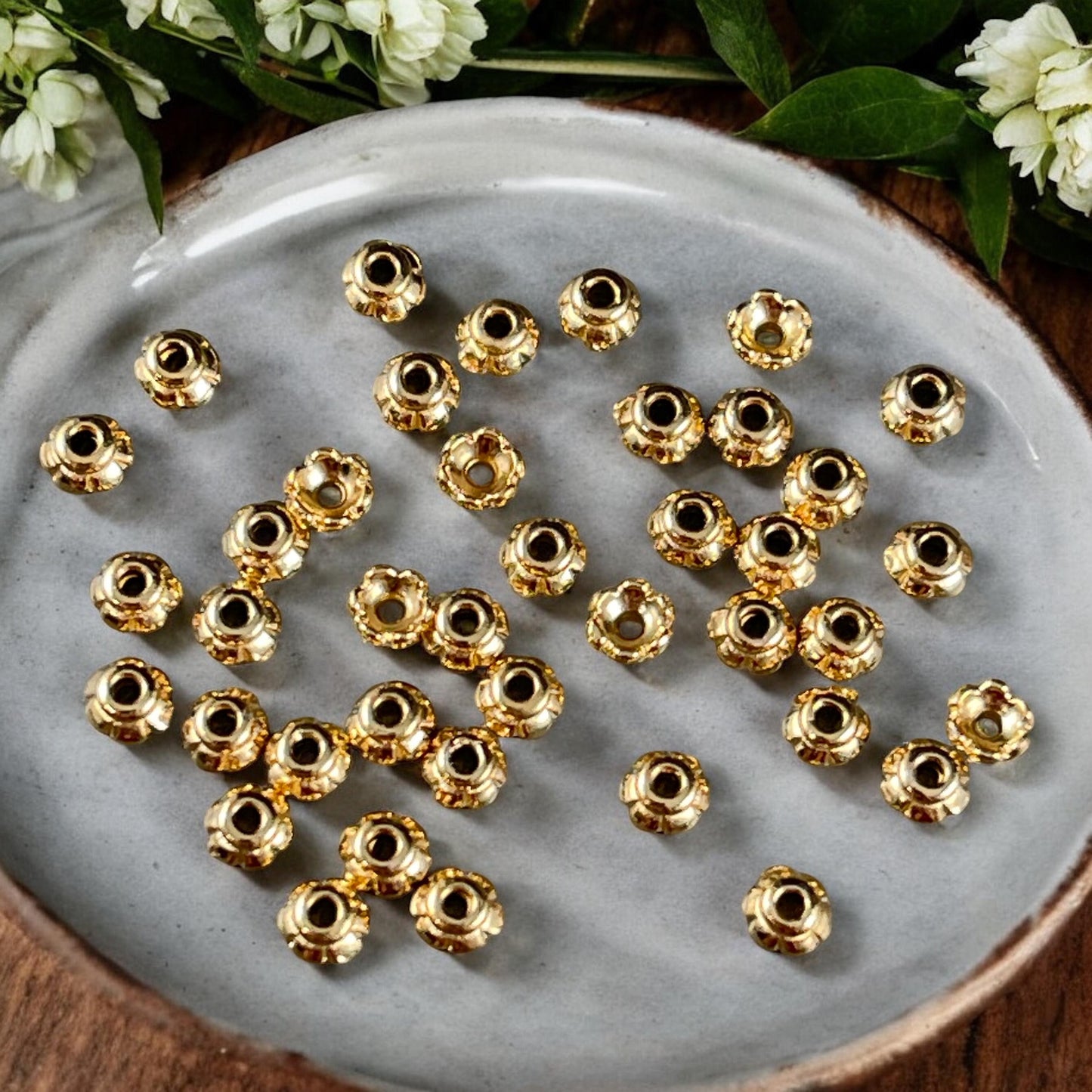 TierraCast Gold 3.5mm Bead Caps - TINY 24k Gold Plated Bead Caps, Scalloped Petals (PF/790-12) * Qty. 50