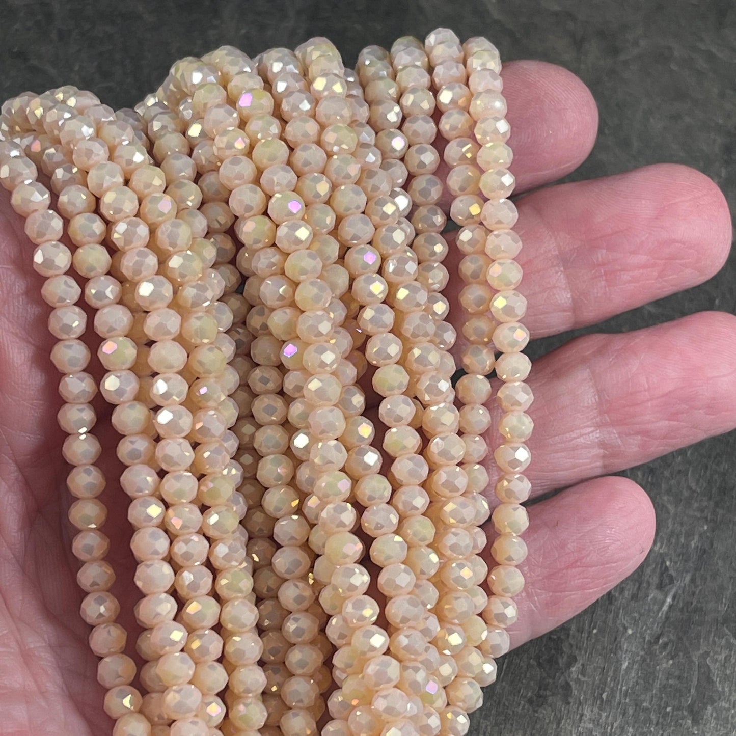 Ivory Beige 4x3mm Faceted Glass Beads, Opaque Beige with AB Finish (BeigeAB-4) * 100 Beads