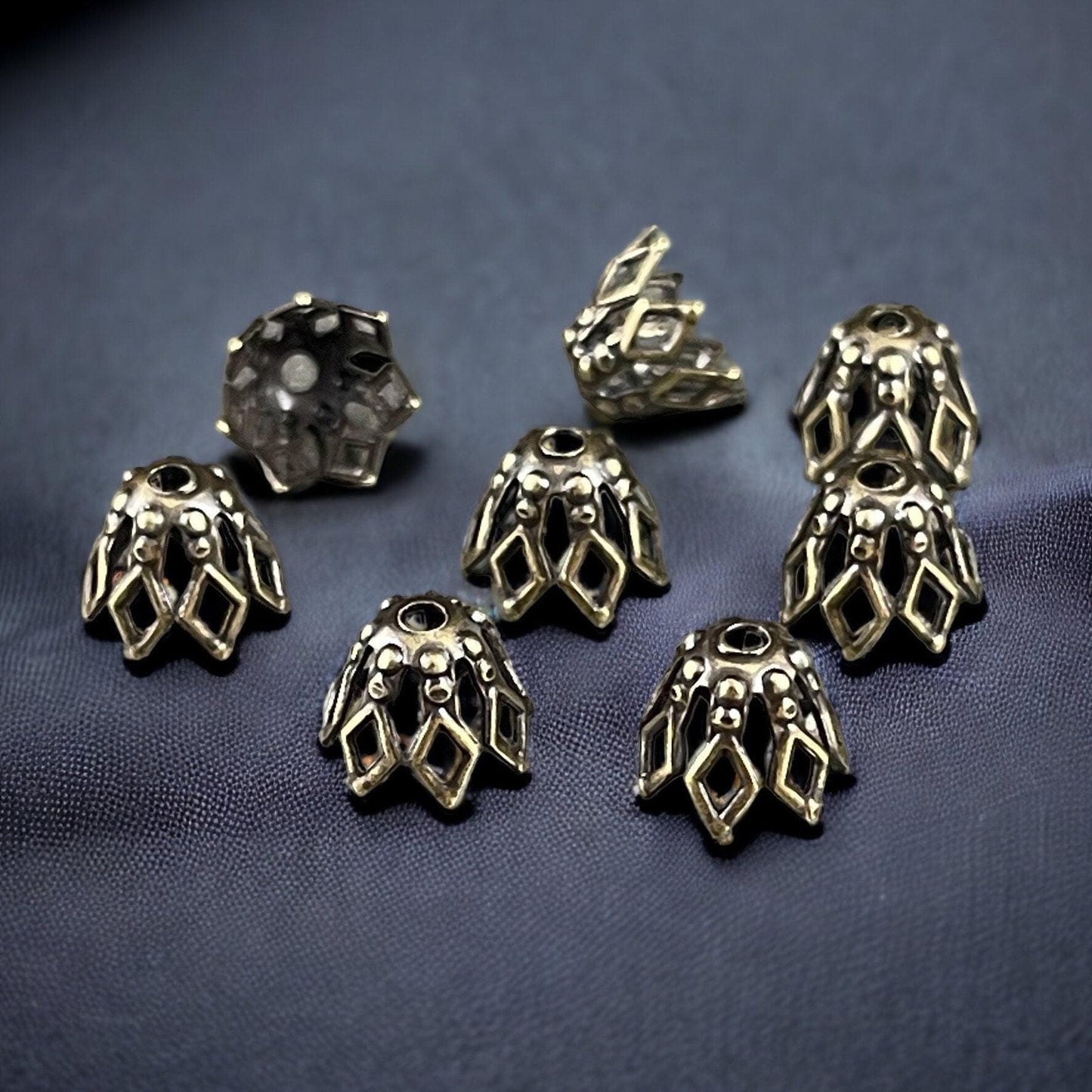 Antiqued Brass Bead Caps for Teardrop or Tapered Beads, Assorted Designs, Star, Flower, Basket (BronzeCapMix) * Qty. 96