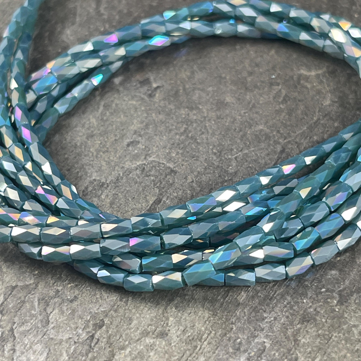 Small Glass Tubes, 5x3mm Faceted Tube Beads, Slate Blue with AB Finish (FGT-SlateAB) * 18" Strand