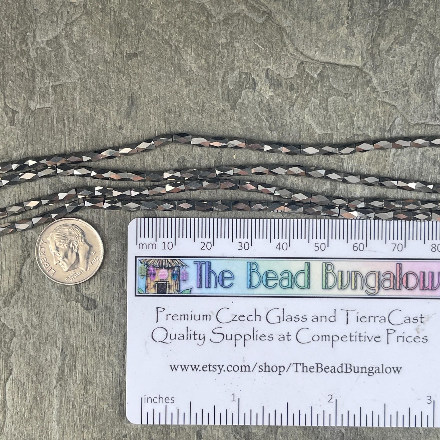 Skinny Faceted Tube Beads, 5x3mm Hematite Gray Beads, Dark Grey Faceted Glass Beads (FGT-Hematite) * 18" Strand