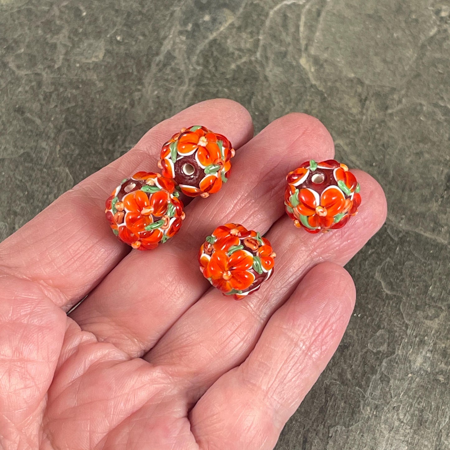 Floral Design Orange Lampwork Beads, 14mm Round, Bright Dark Orange Flower Beads * Qty. 2