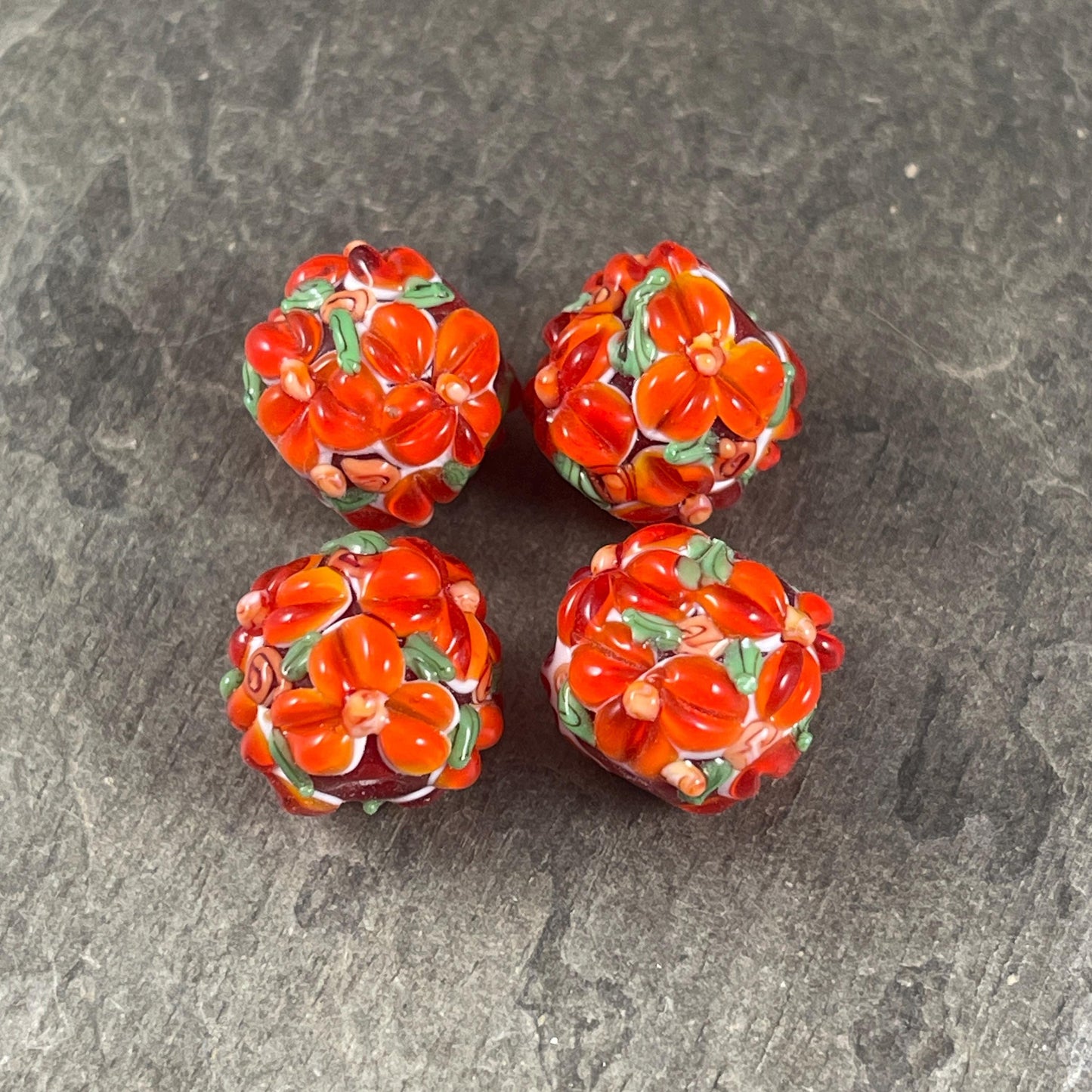 Floral Design Orange Lampwork Beads, 14mm Round, Bright Dark Orange Flower Beads * Qty. 2