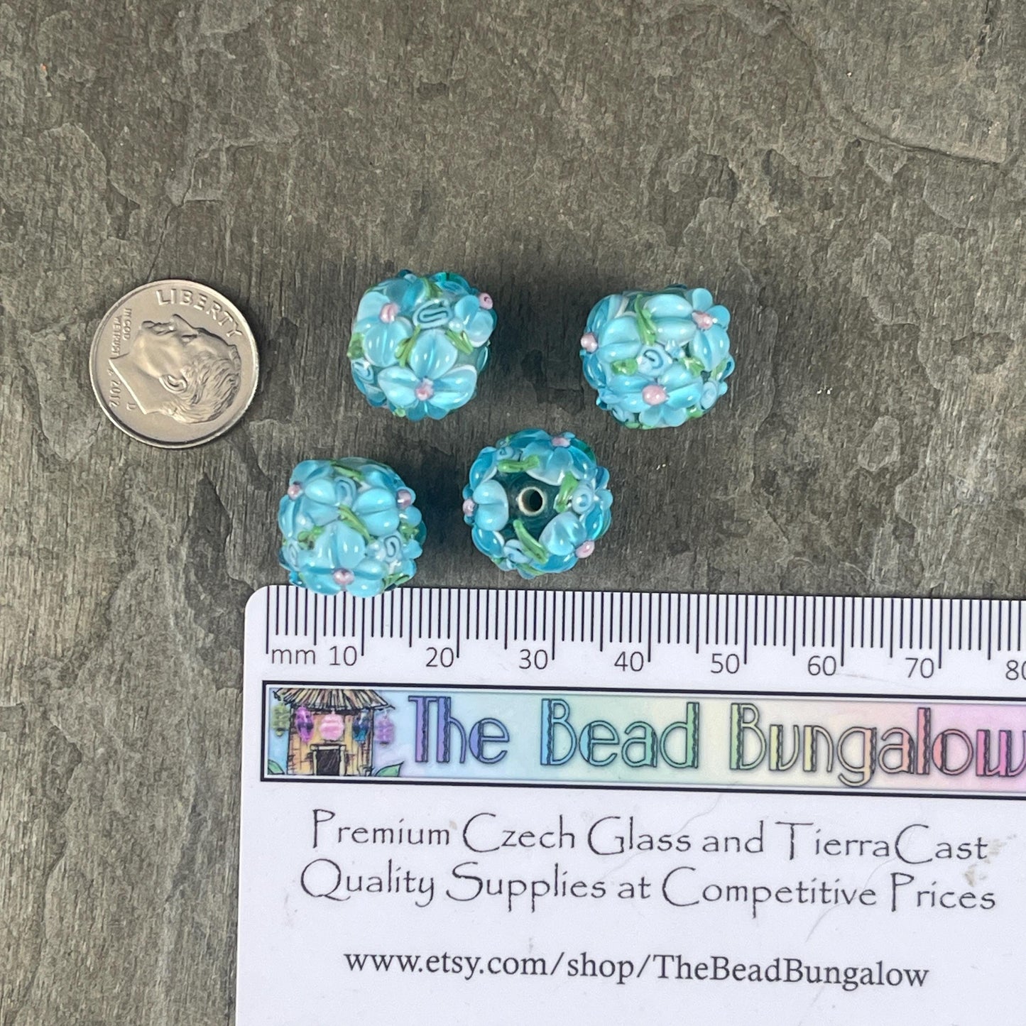 Floral Design Light Blue Lampwork Beads, 14mm Round, Light Blue Flower Beads * Qty. 2