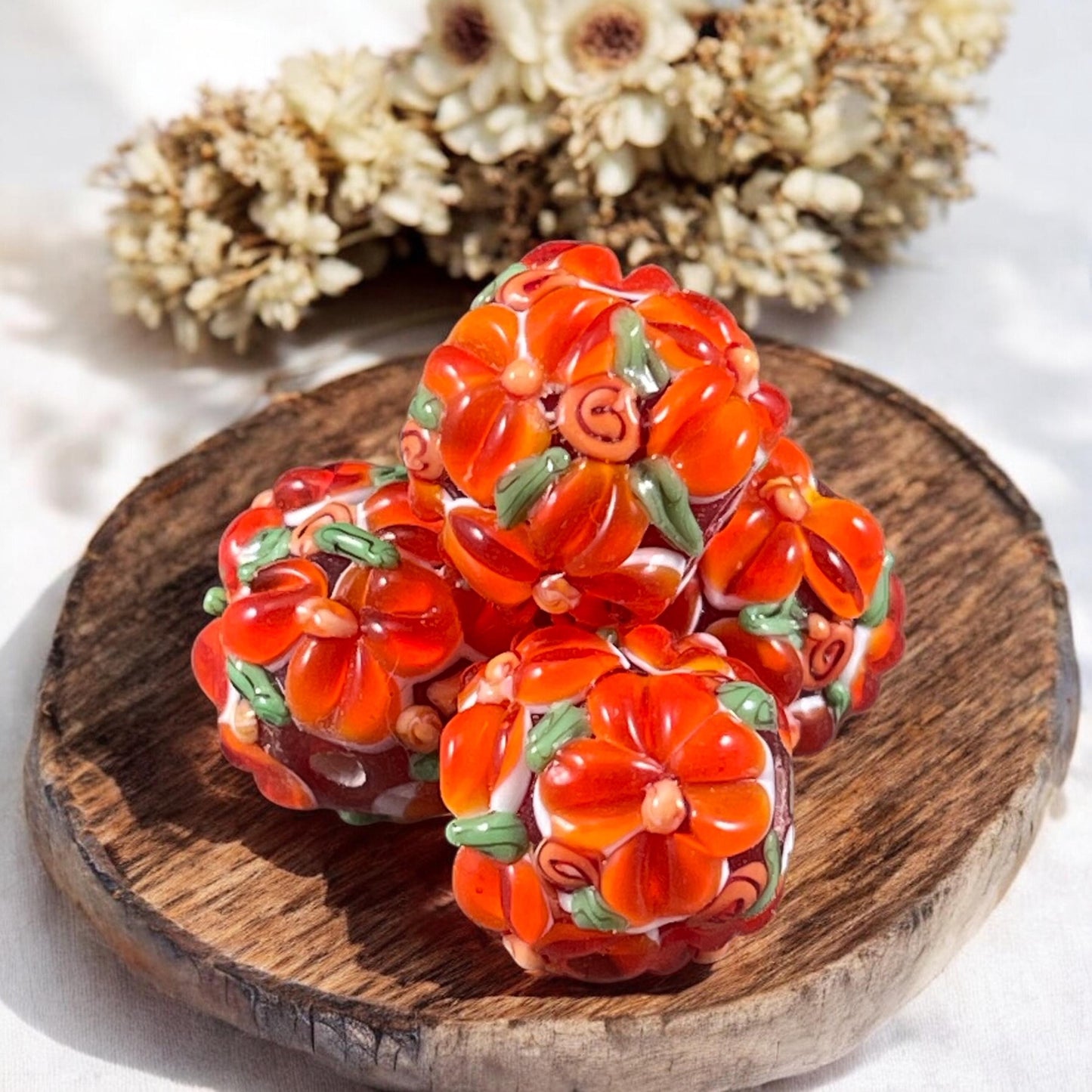 Floral Design Orange Lampwork Beads, 14mm Round, Bright Dark Orange Flower Beads * Qty. 2