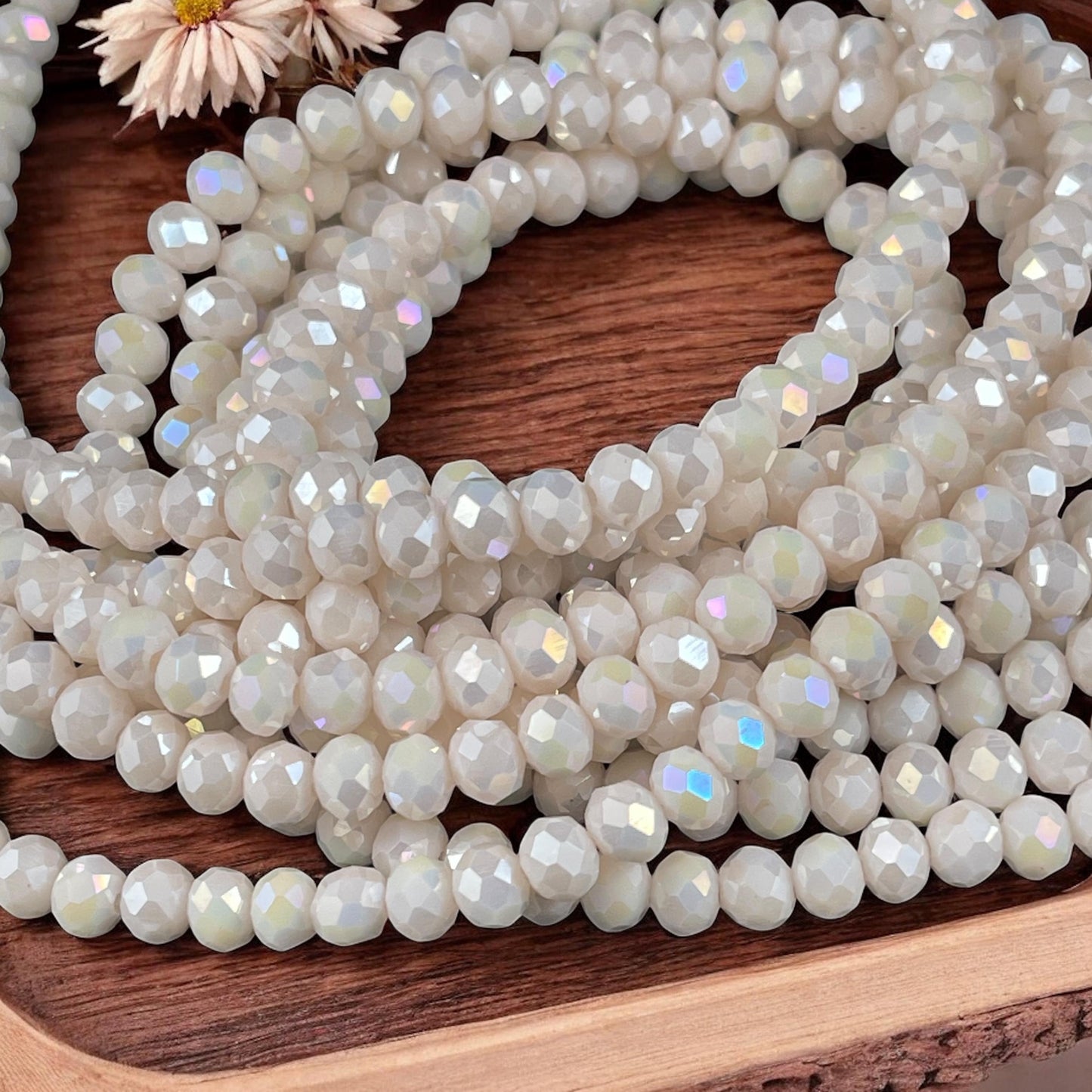 6x5mm Faceted Glass Beads, Off-White, Ivory with AB Finish Faceted Rondelles (IvoryAB-6) * 80 Beads