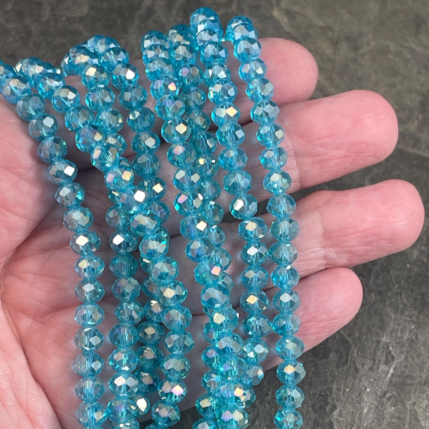 6x5mm Faceted Glass Beads, Transparent Aquamarine with AB Finish (AquaAB-6) * 80 Beads